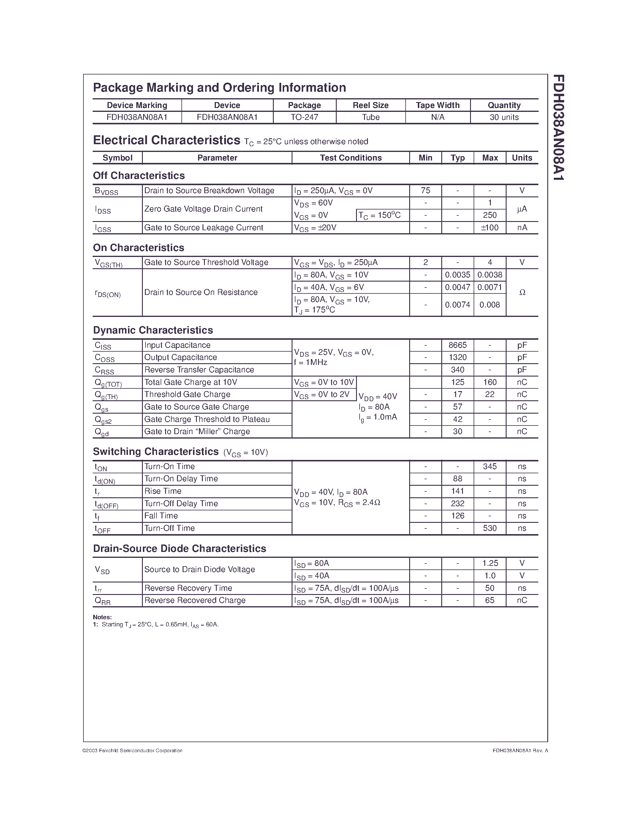Datasheet FDH038AN08A1 - N-Channel PowerTrench MOSFET page 2