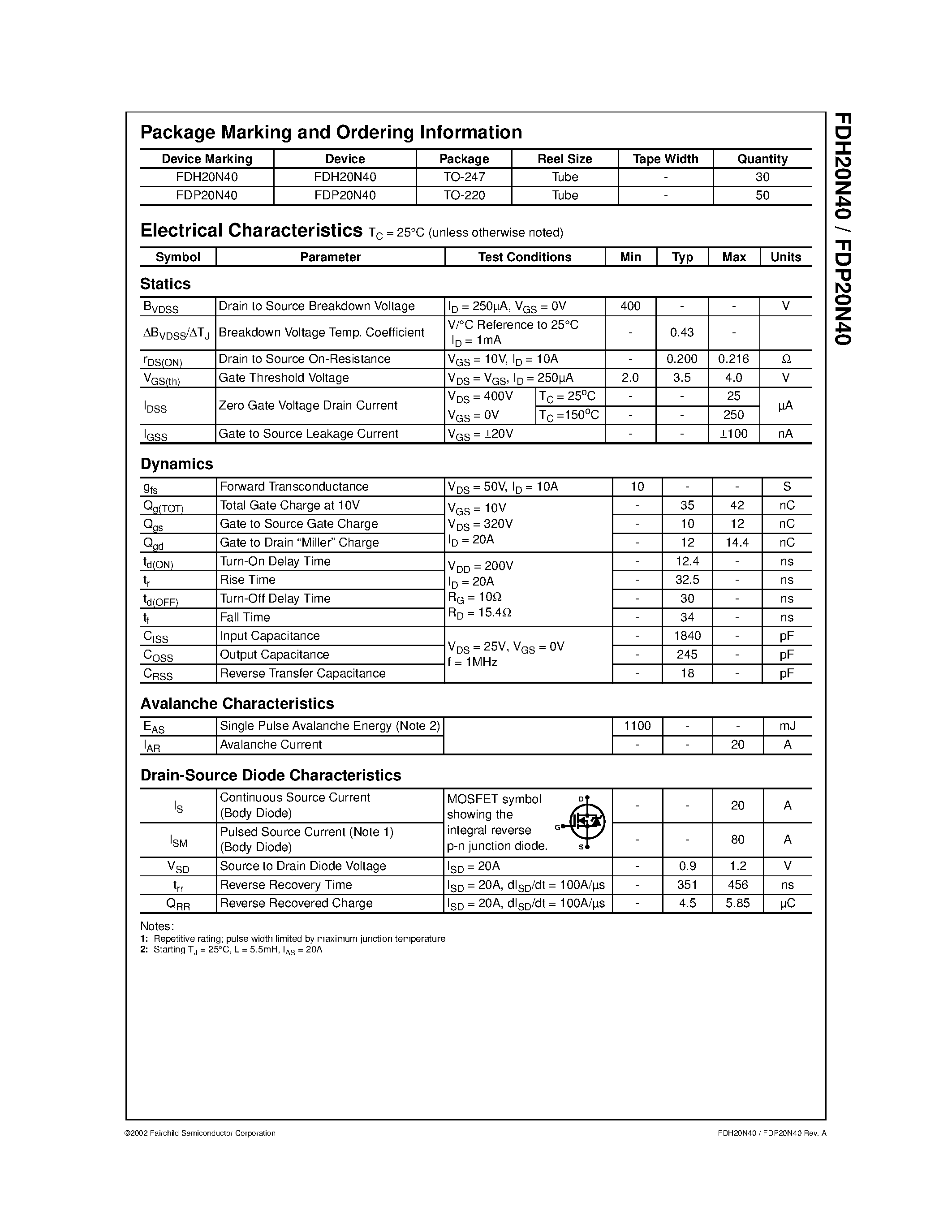 Datasheet FDH20N40 - 20A/ 400V/ 0.216 Ohm/ N-Channel SMPS Power MOSFET page 2