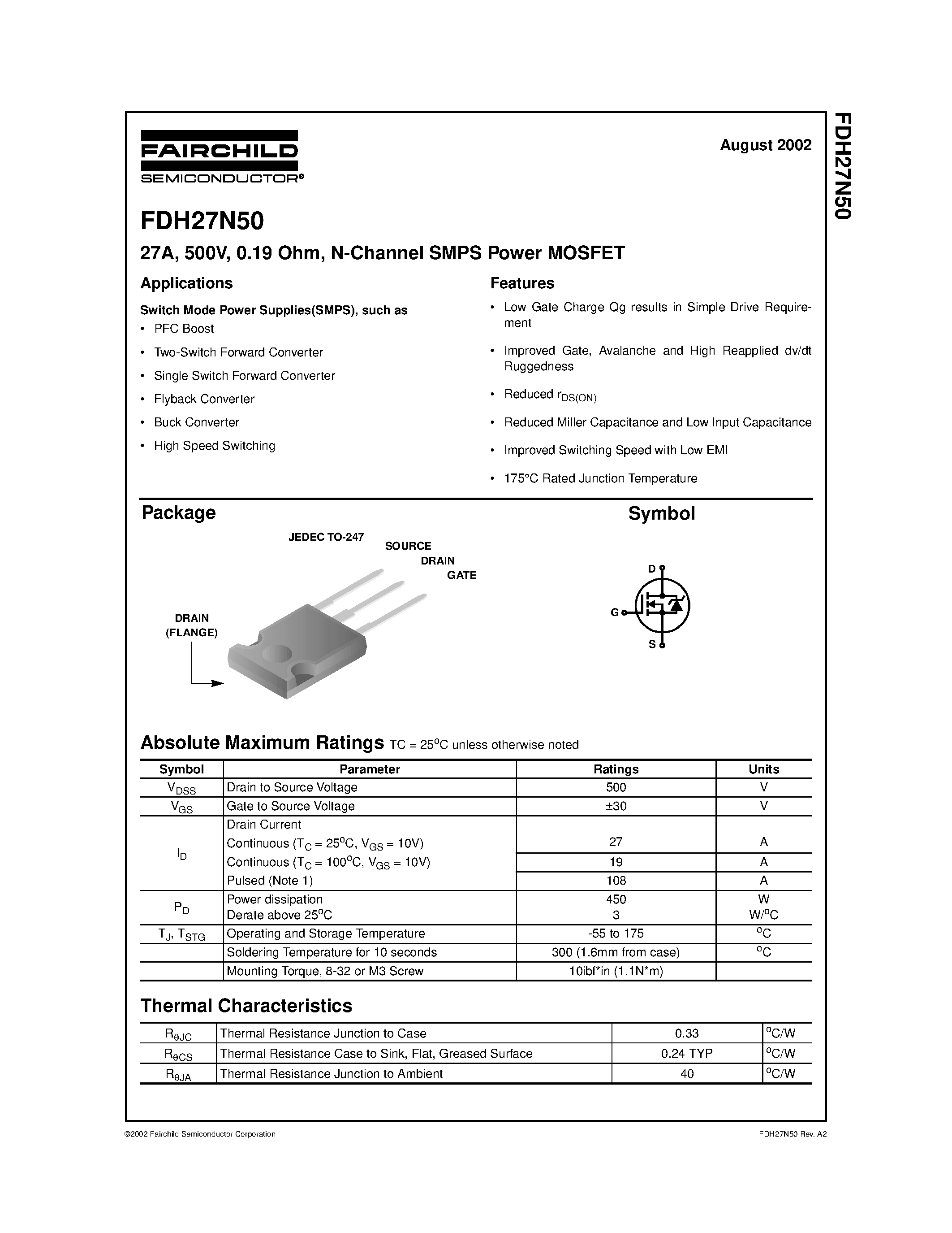 Datasheet FDH27N50 - 27A/ 500V/ 0.19 Ohm/ N-Channel SMPS Power MOSFET page 1