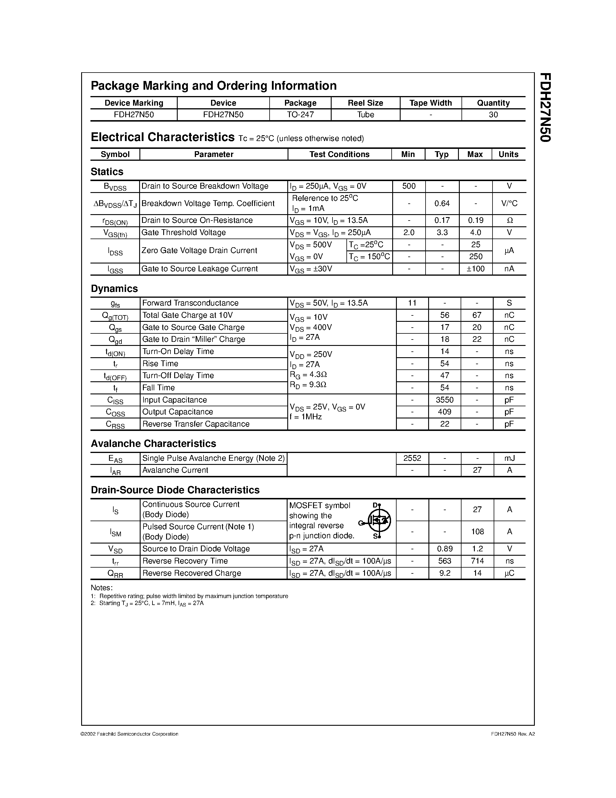 Datasheet FDH27N50 - 27A/ 500V/ 0.19 Ohm/ N-Channel SMPS Power MOSFET page 2