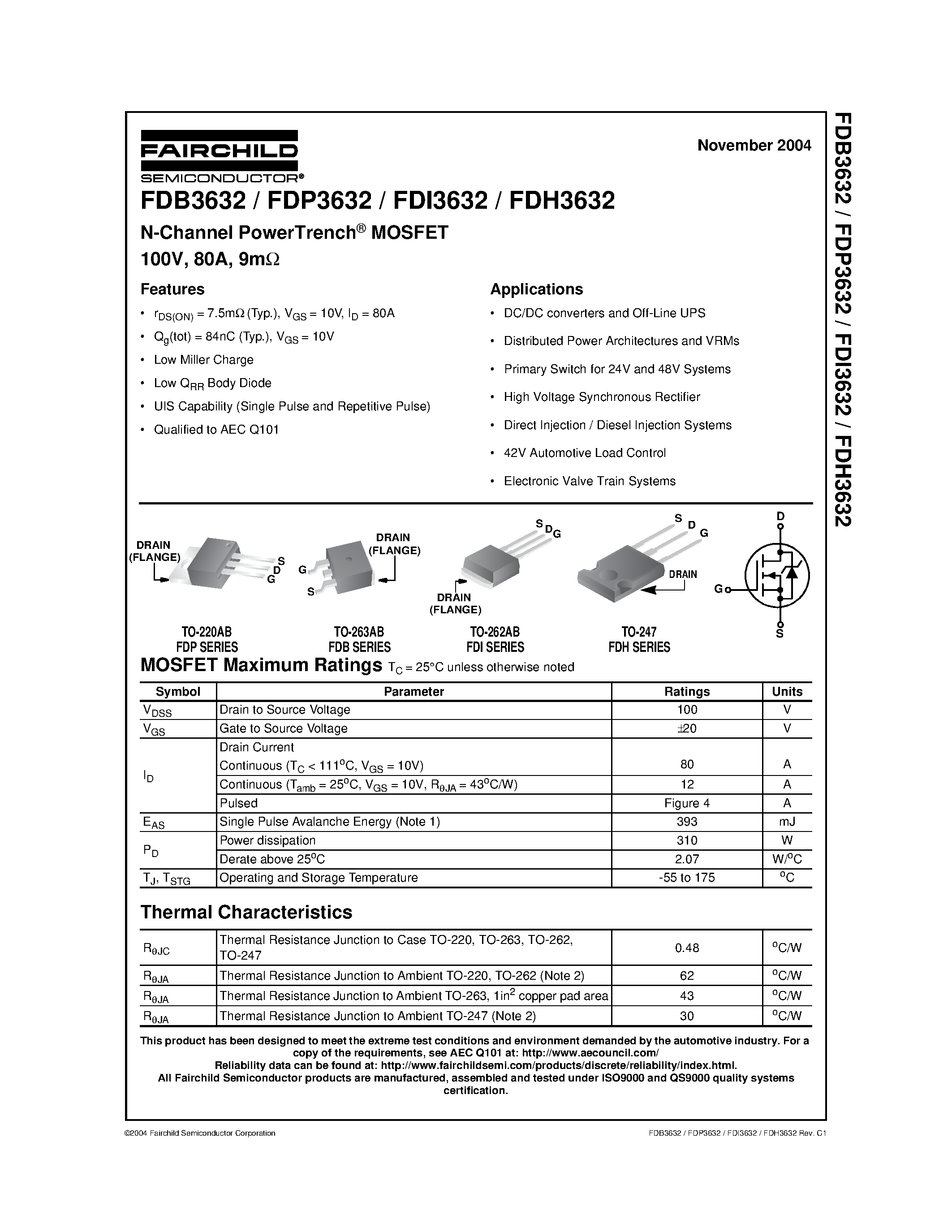 Datasheet FDH3632 - N-Channel PowerTrench MOSFET page 1