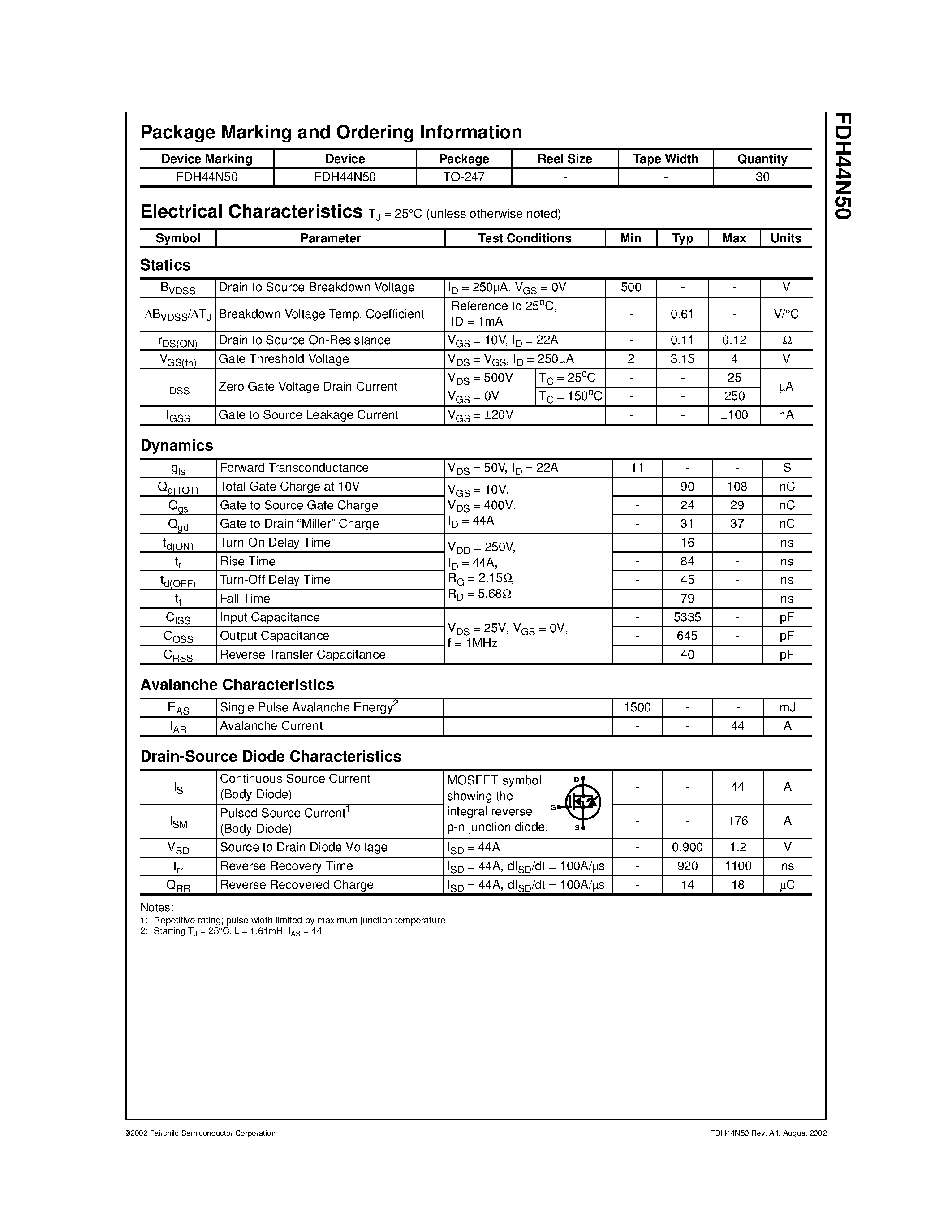 Datasheet FDH44N50 - 44A/ 500V/ 0.12 Ohm/ N-Channel SMPS Power MOSFET page 2