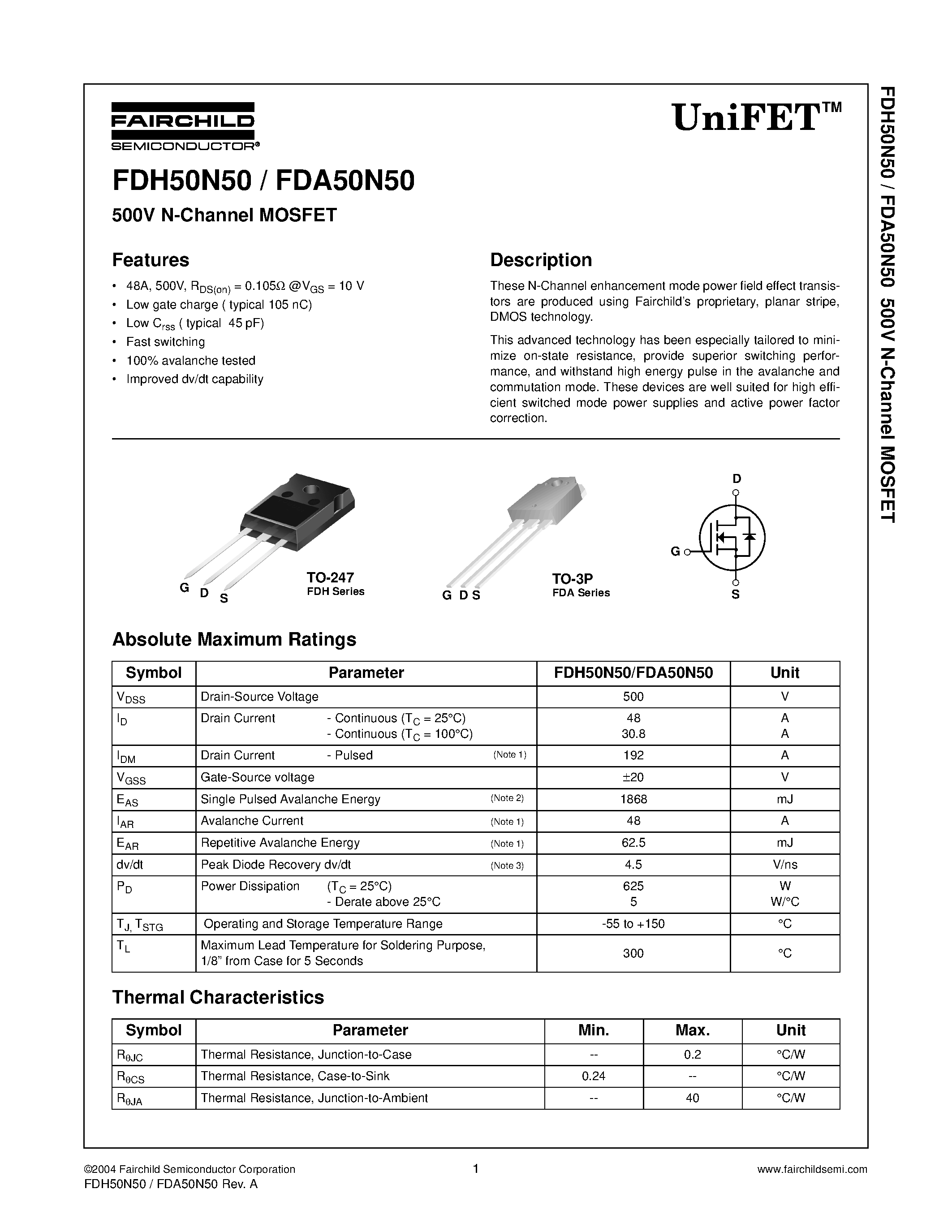 Datasheet FDH50N50 - 500V N-Channel MOSFET page 1