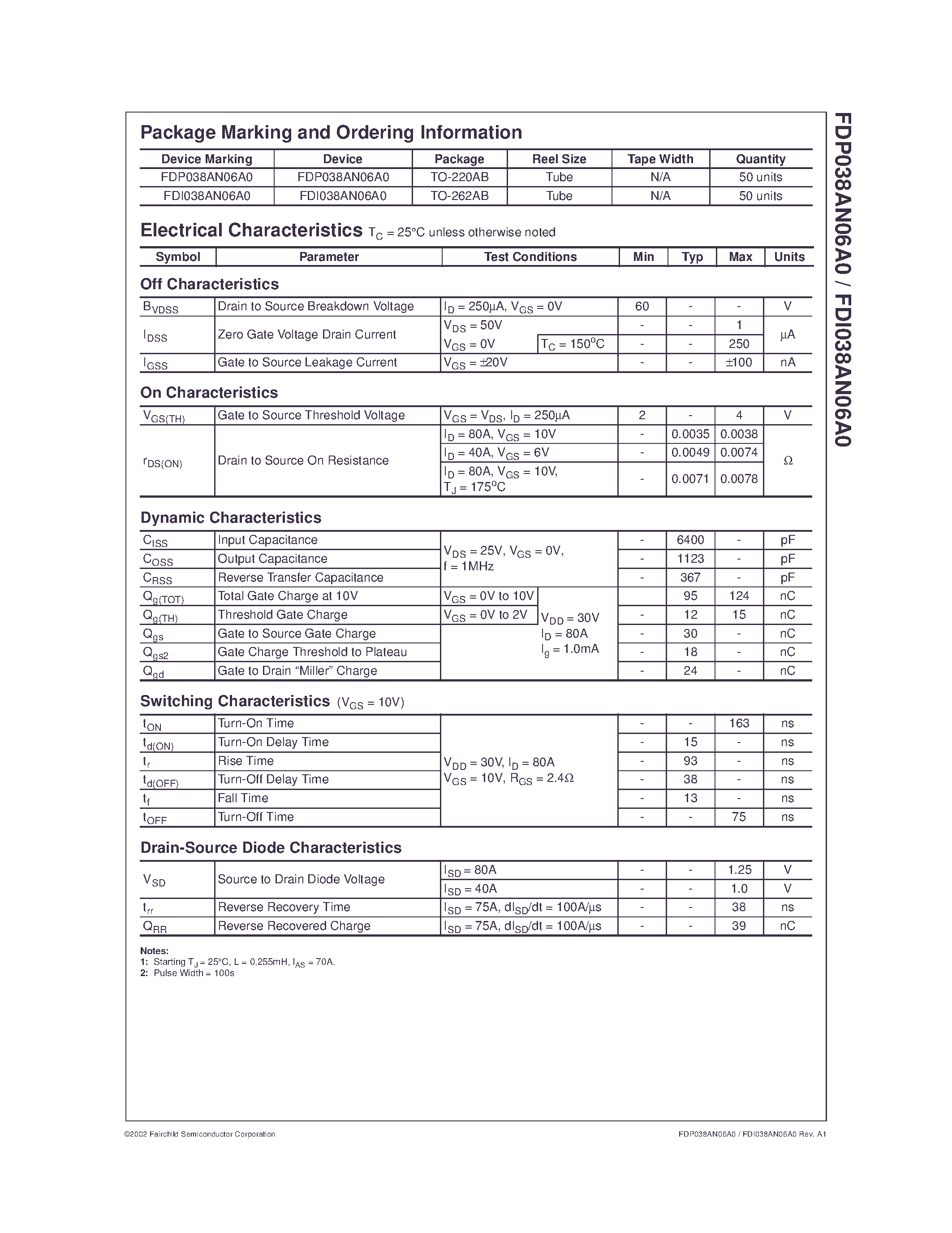 Datasheet FDI038AN06A0 - N-Channel PowerTrench MOSFET 60V/ 80A/ 3.8m page 2
