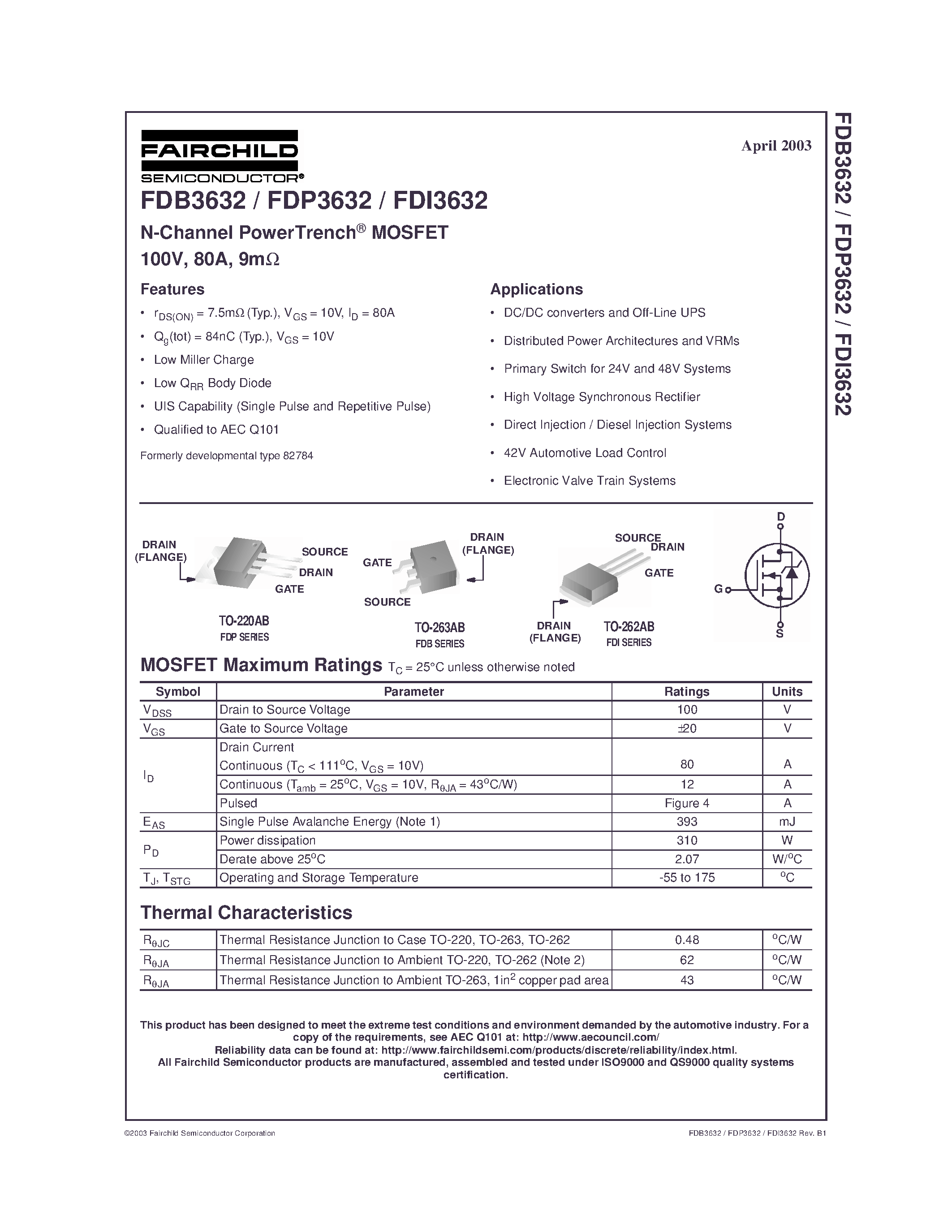 Datasheet FDI3632 - N-Channel PowerTrench MOSFET page 1