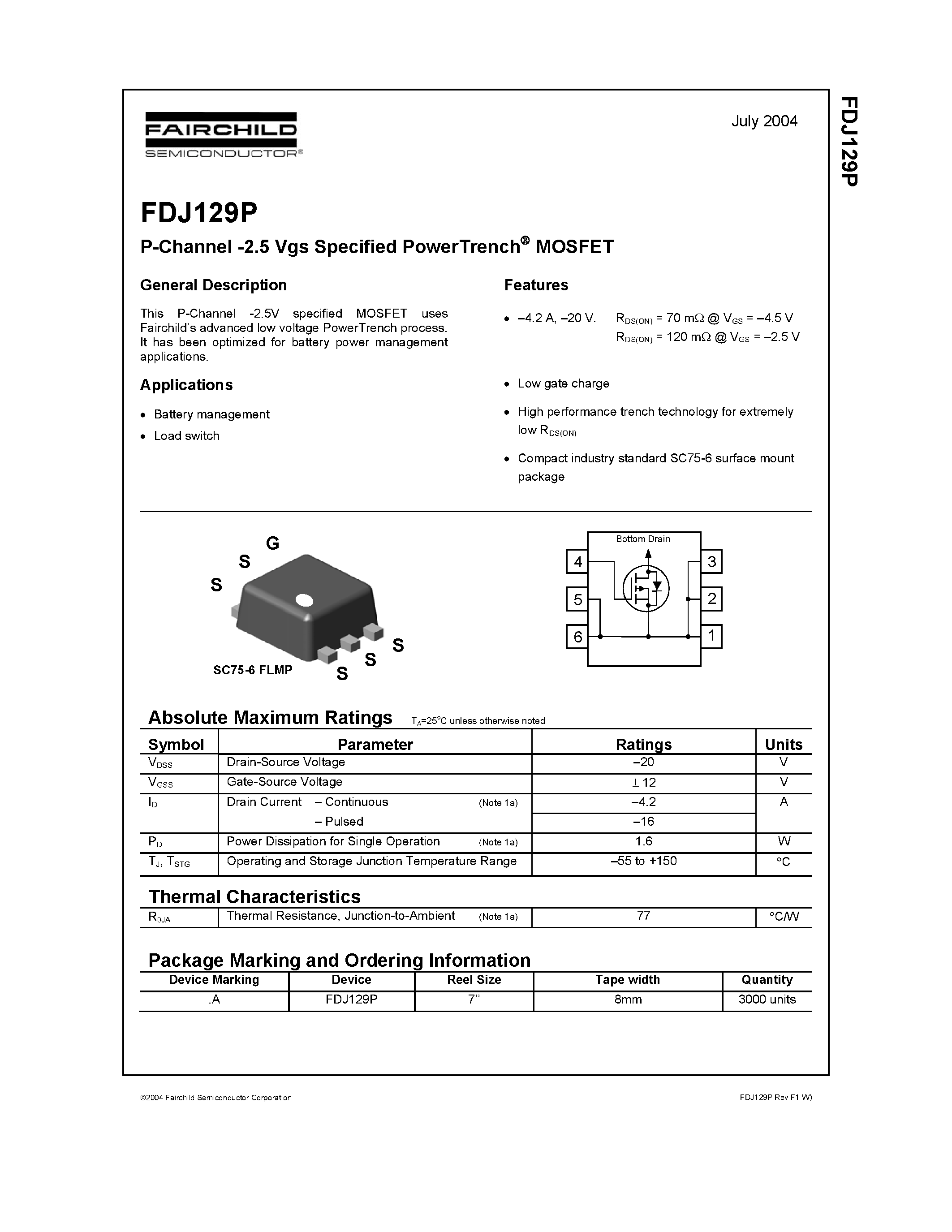 Datasheet FDJ129P - P-Channel -2.5 Vgs Specified PowerTrench MOSFET page 1