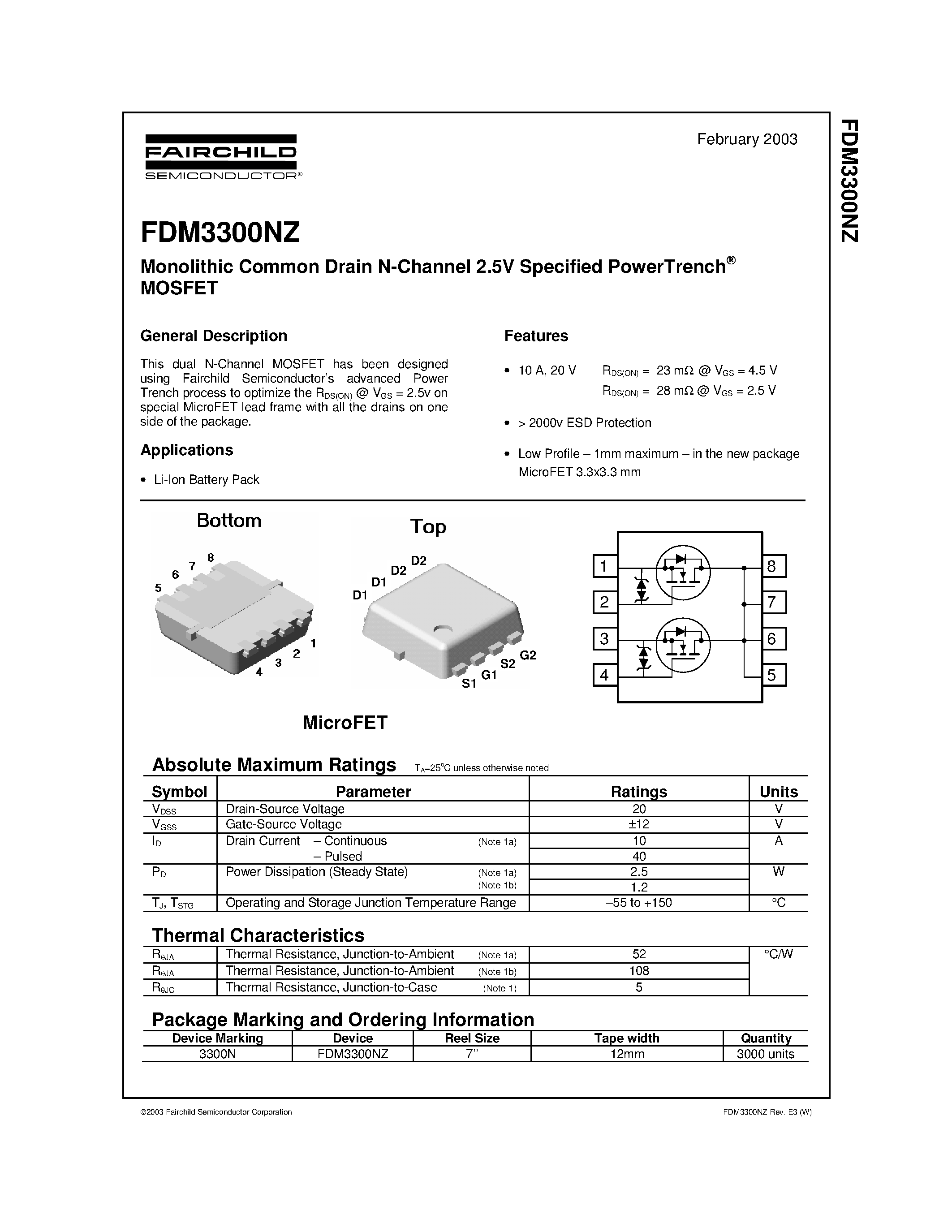 Datasheet FDM3300NZ - Monolithic Common Drain N-Channel 2.5V Specified PowerTrench MOSFET page 1