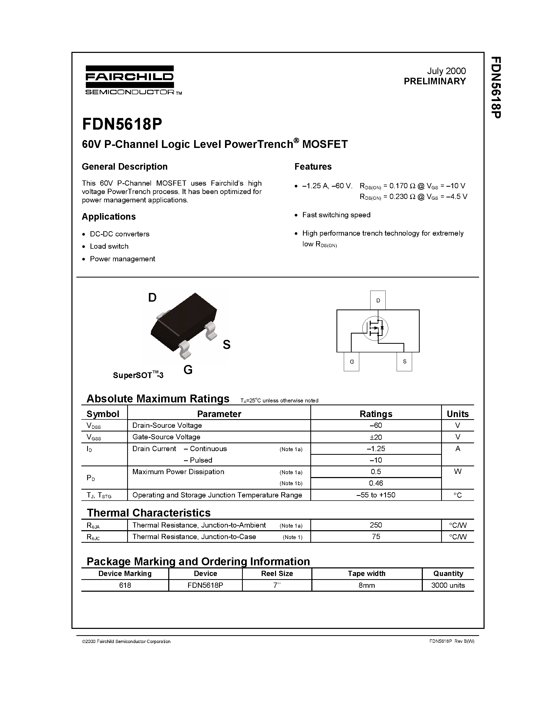 Даташит FDN5618-60V P-Channel Logic Level PowerTrench MOSFET страница 1