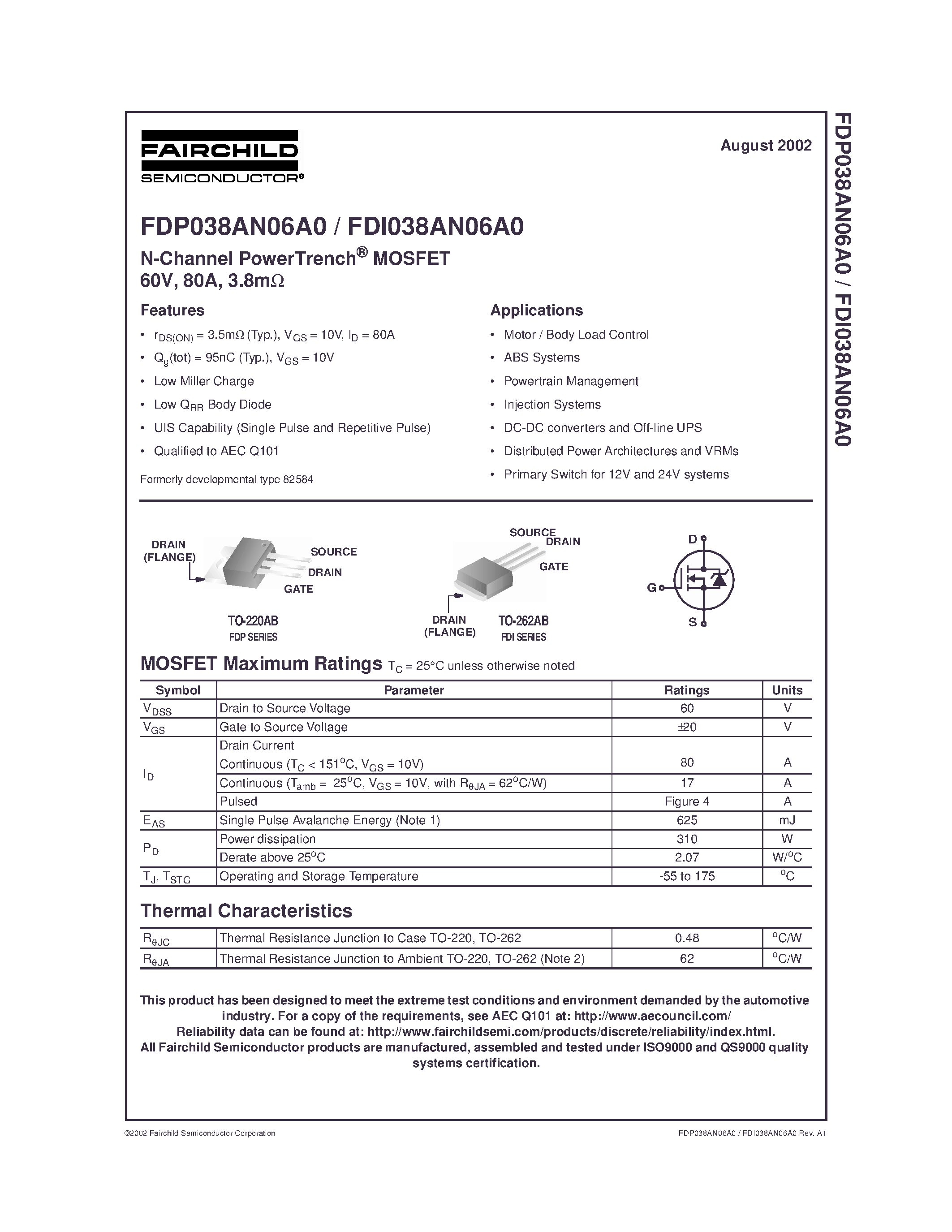 Datasheet FDP038AN06A0 - N-Channel PowerTrench MOSFET 60V/ 80A/ 3.8m page 1