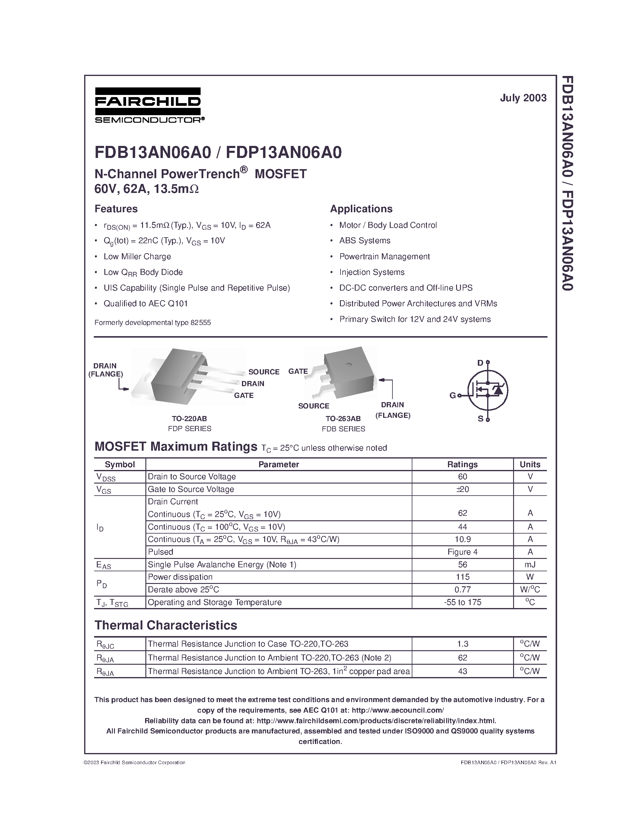 Datasheet FDP13AN06A - N-Channel PowerTrench MOSFET 60V/ 62A/ 13.5m page 1