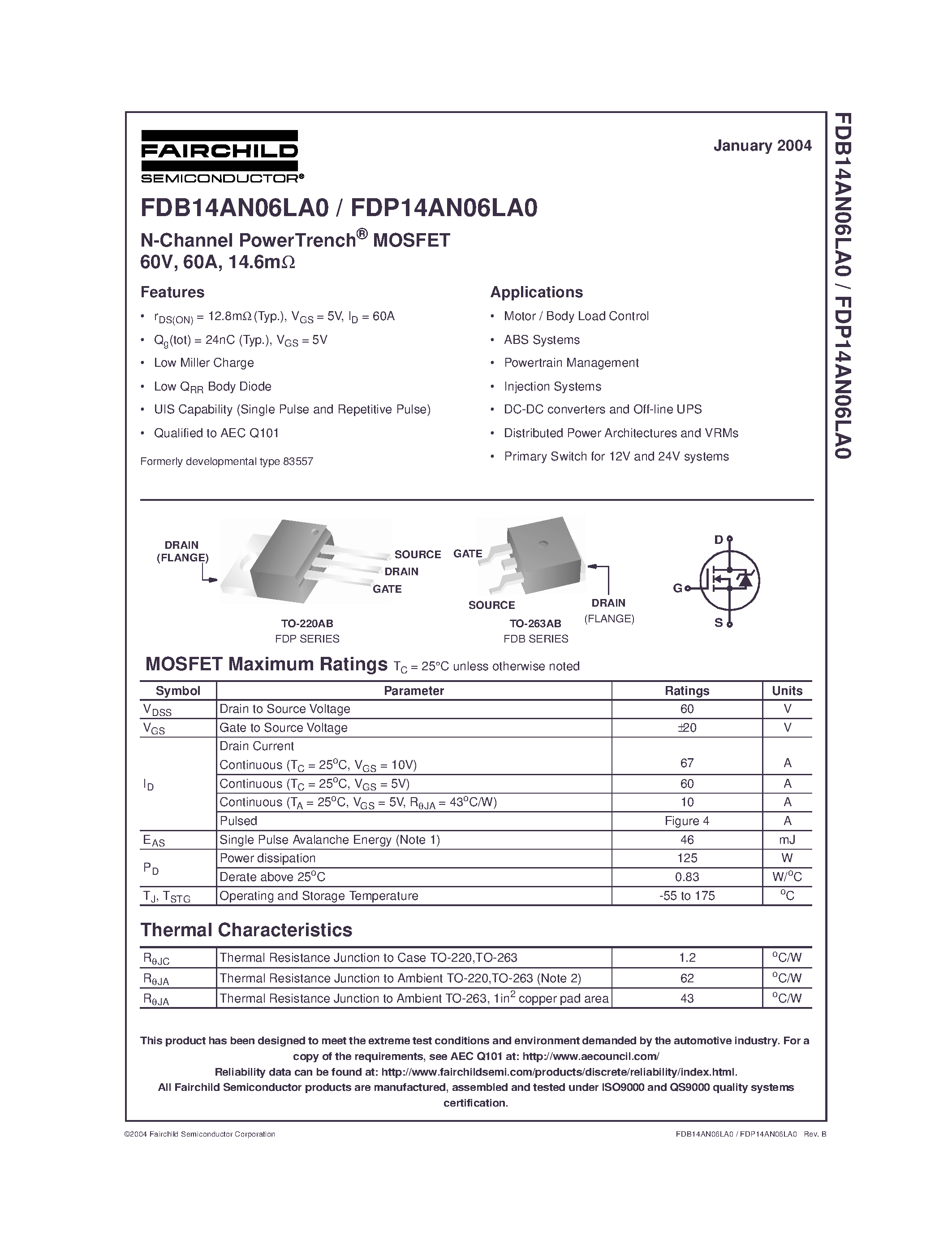 Datasheet FDP14AN06LA0 - N-Channel PowerTrench MOSFET 60V/ 60A/ 14.6m page 1
