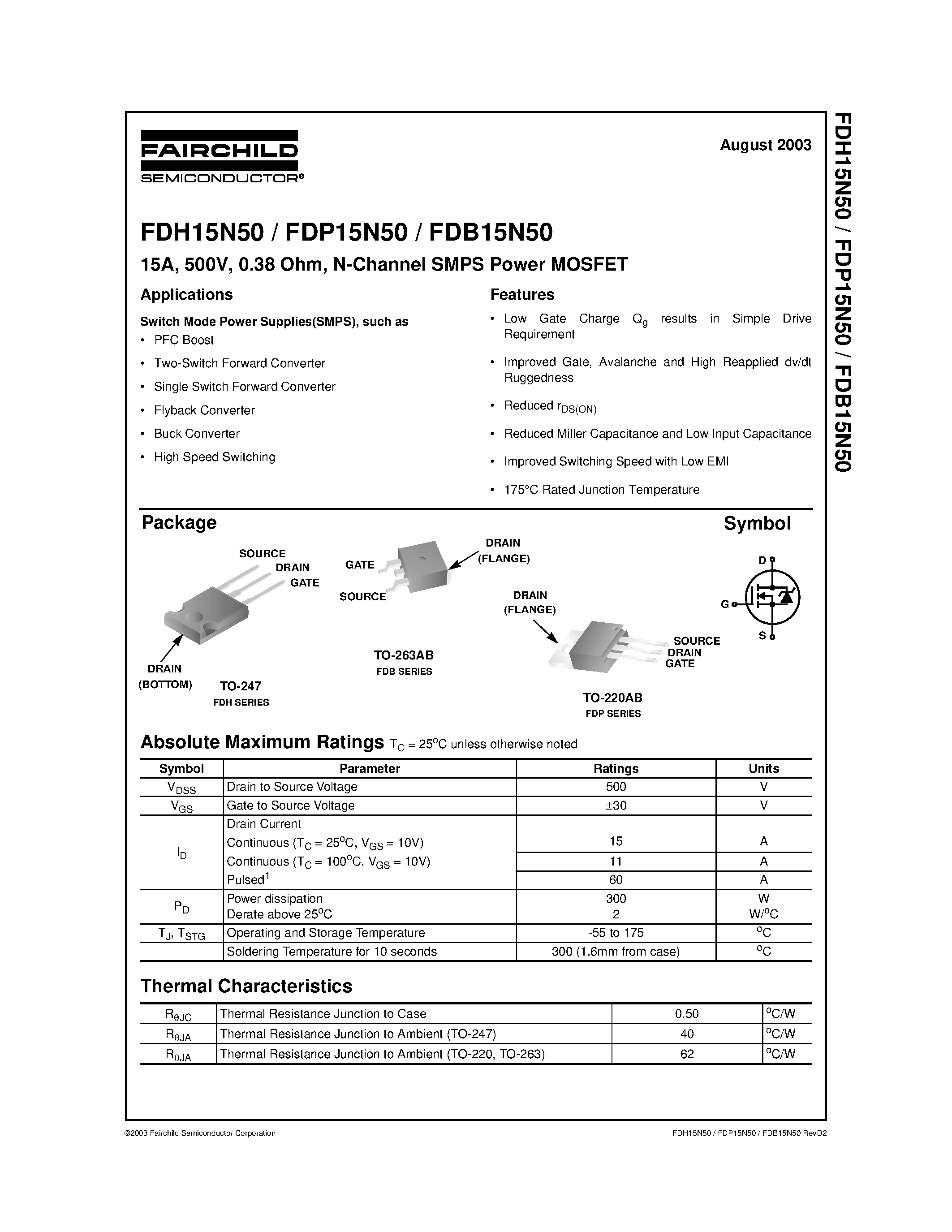 Datasheet FDP15N50 - 15A/ 500V/ 0.38 Ohm/ N-Channel SMPS Power MOSFET page 1