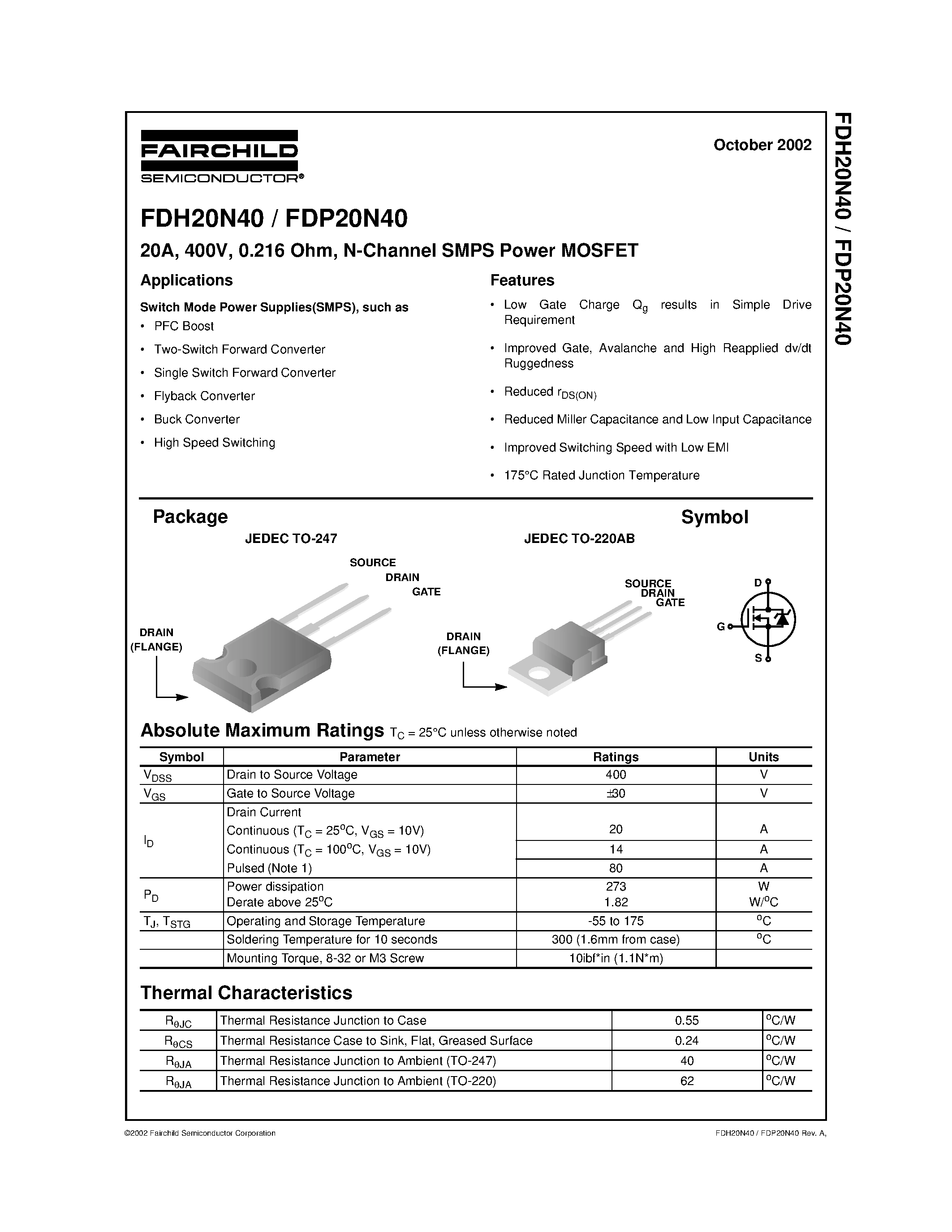 Datasheet FDP20N40 - 20A/ 400V/ 0.216 Ohm/ N-Channel SMPS Power MOSFET page 1