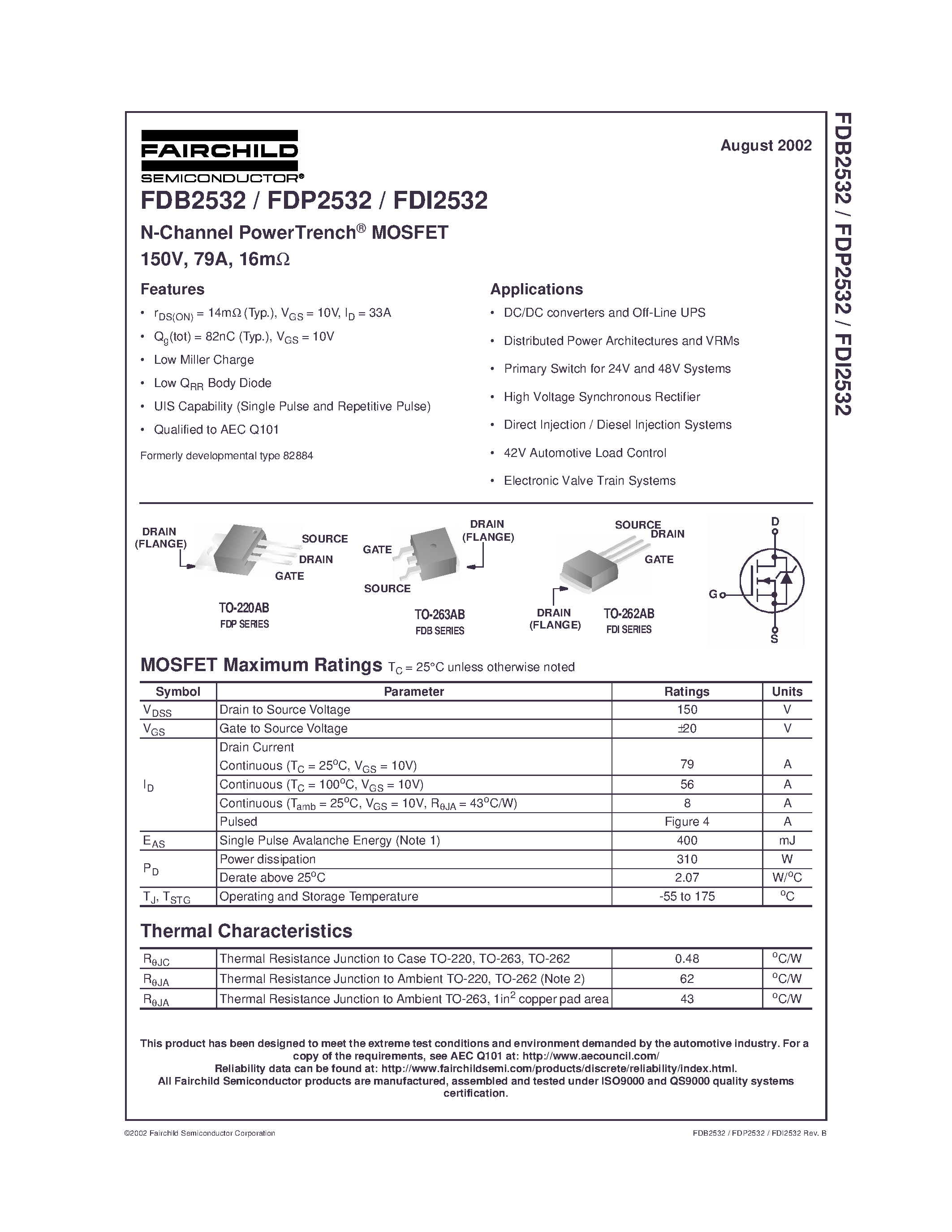 Datasheet FDP2532 - N-Channel PowerTrench MOSFET 150V/ 79A/ 16m page 1