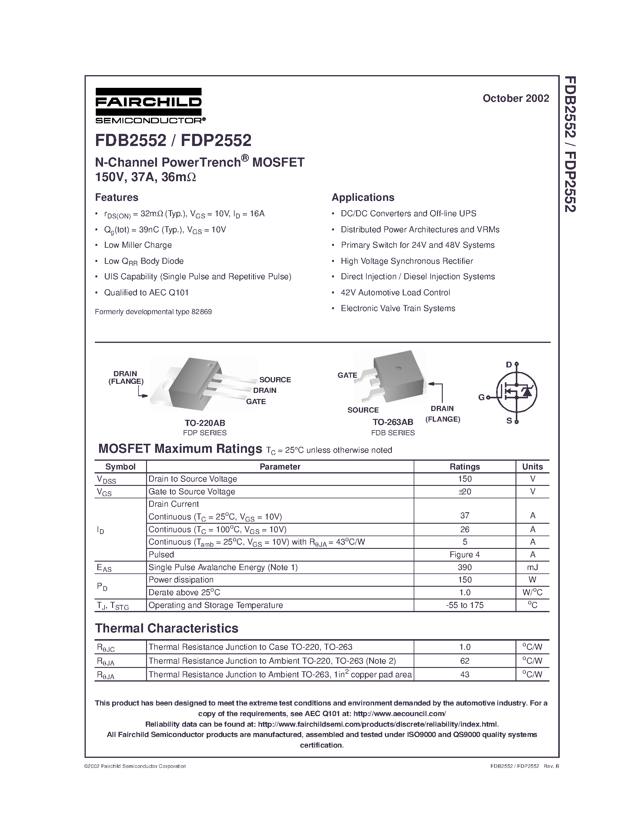 Datasheet FDP2552 - N-Channel PowerTrench MOSFET 150V/ 37A/ 36m page 1