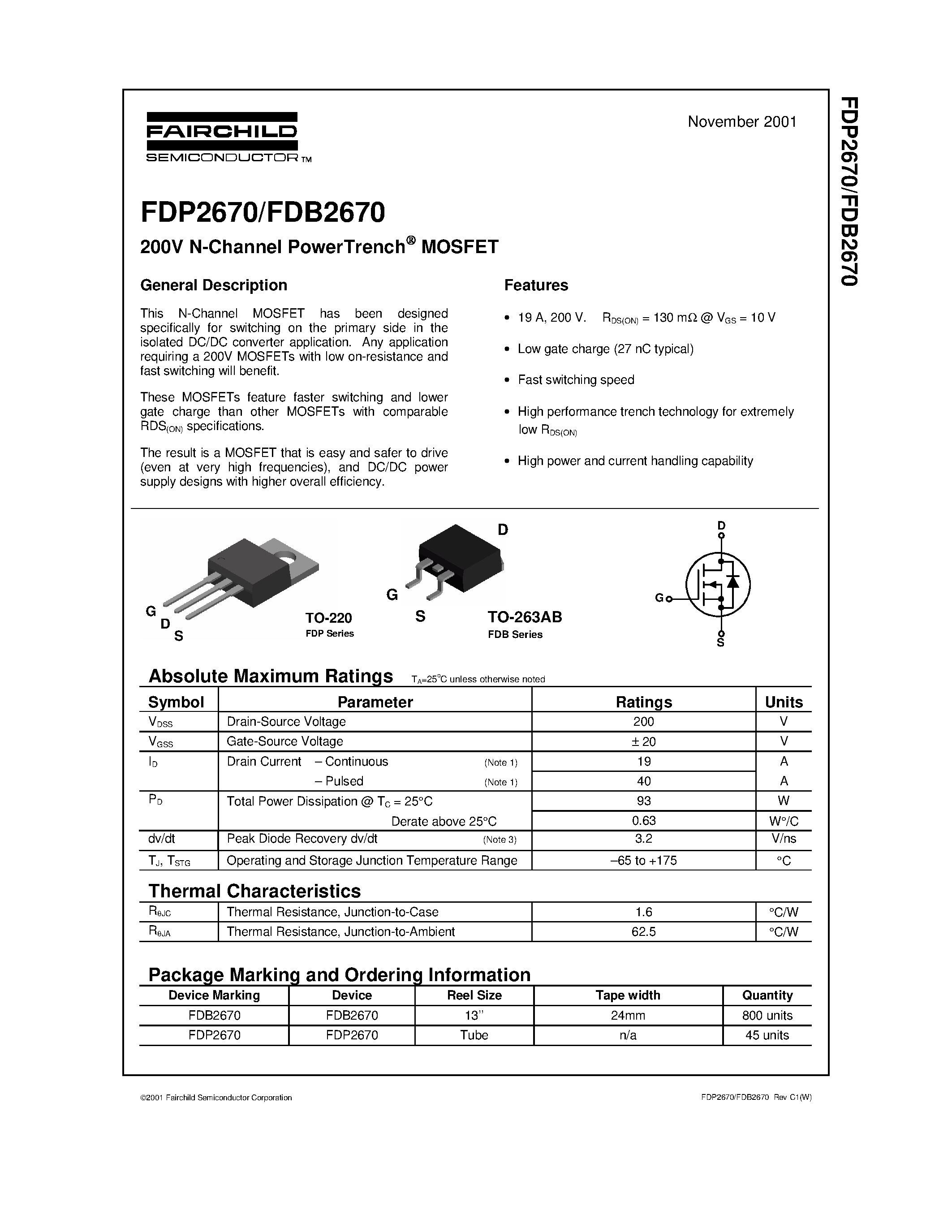 Datasheet FDP2670 - 200V N-Channel PowerTrench MOSFET page 1