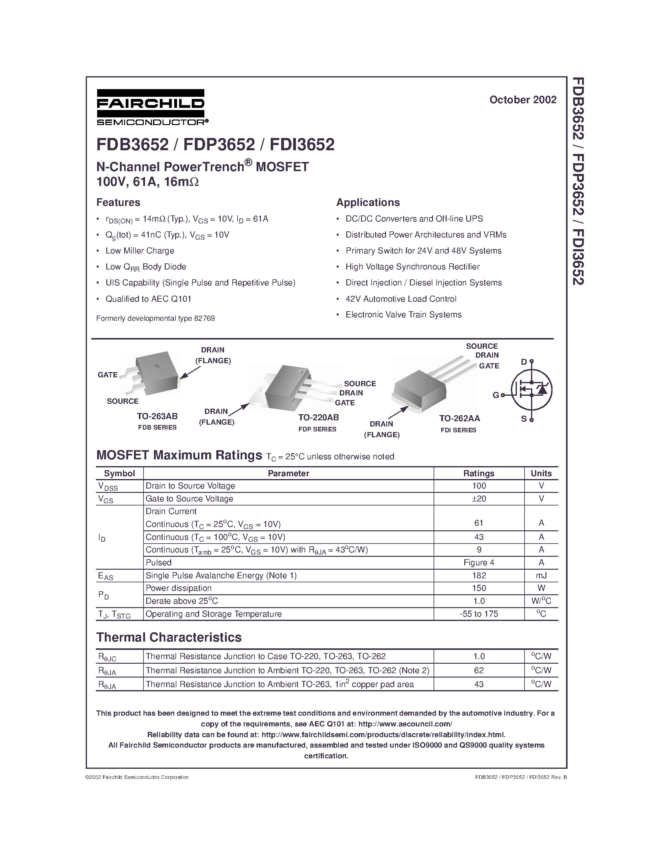 Datasheet FDP3652 - N-Channel PowerTrench MOSFET 100V/ 61A/ 16m page 1