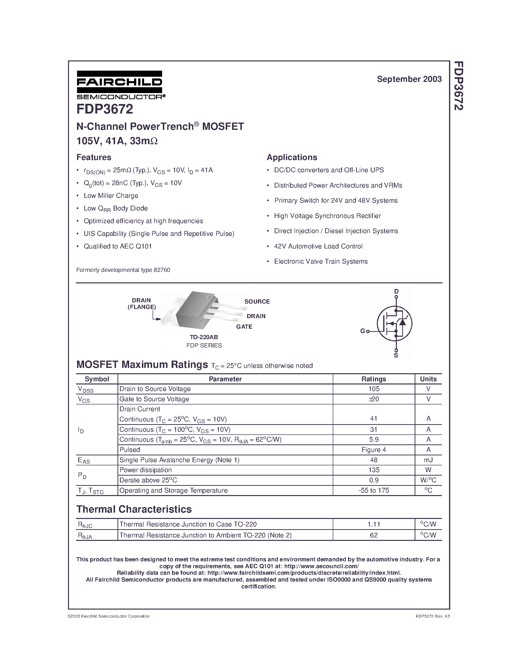 Datasheet FDP3672 - N-Channel PowerTrench MOSFET 105V/ 41A/ 33m page 1
