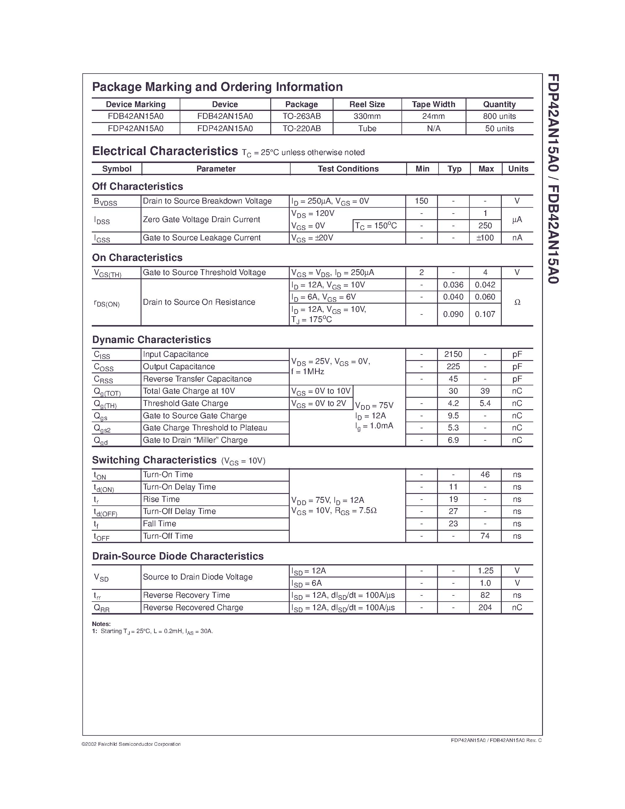 Datasheet FDP42AN15A0 - N-Channel PowerTrench MOSFET page 2