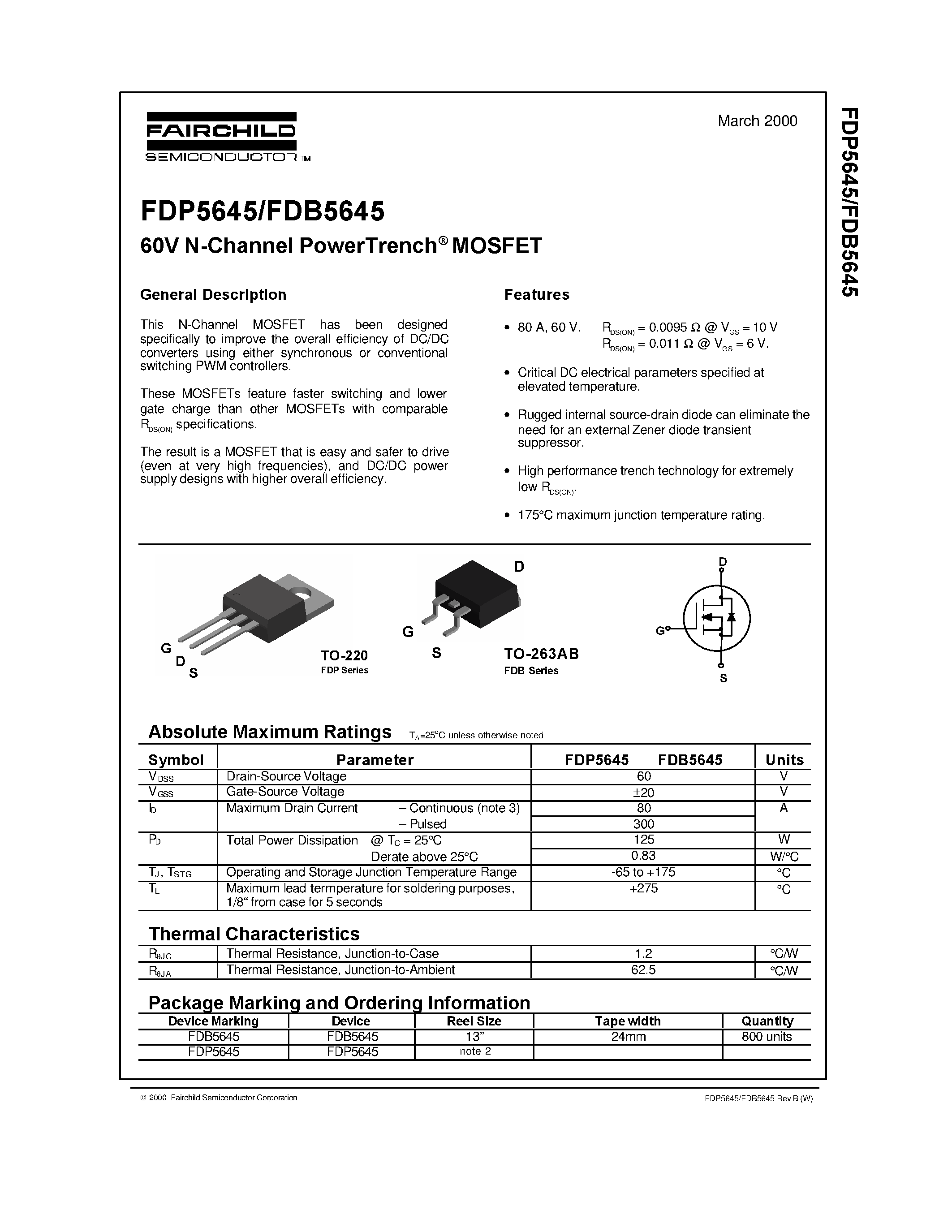 Datasheet FDP5645 - 60V N-Channel PowerTrench MOSFET page 1