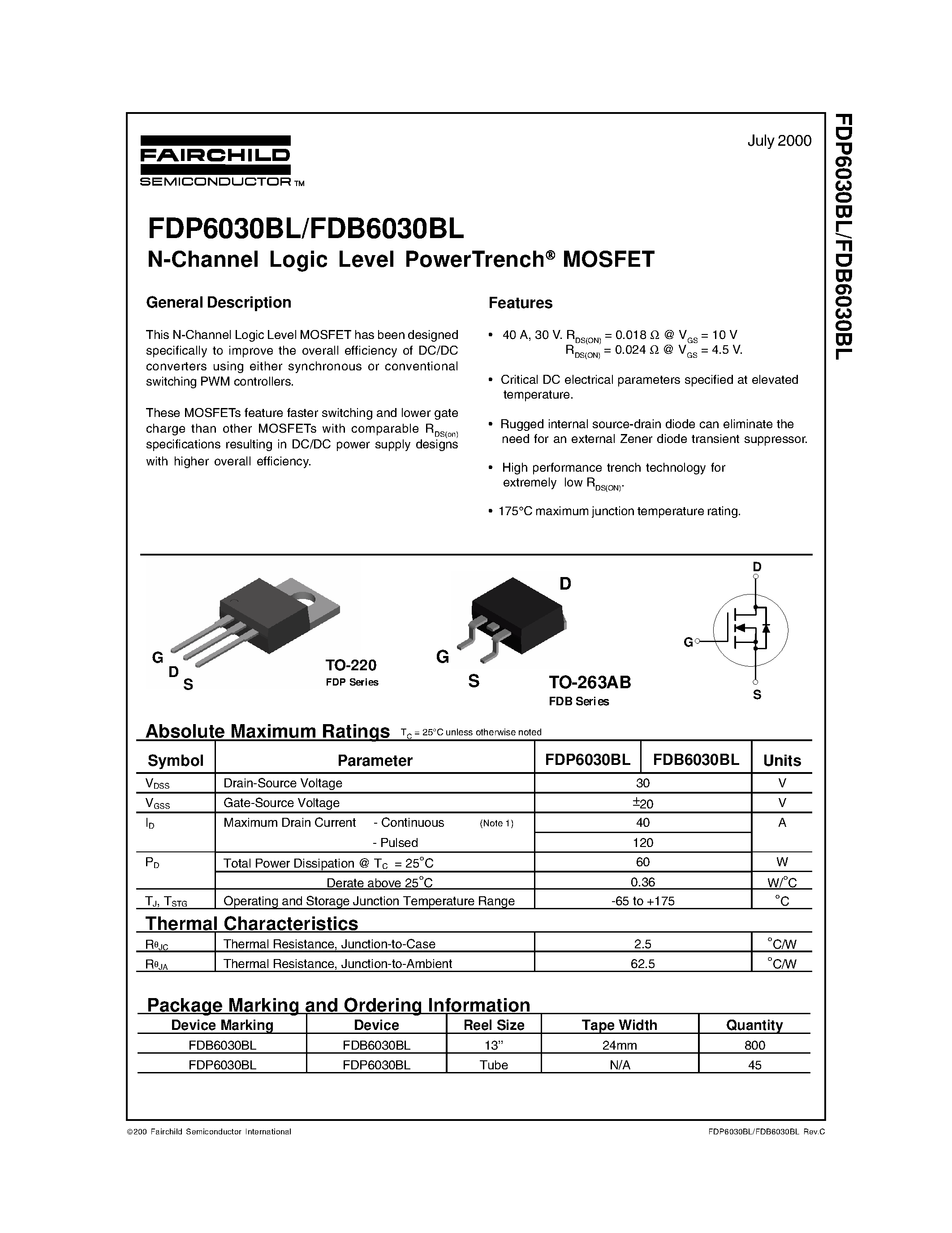 Datasheet FDP6030 - N-Channel Logic Level PowerTrench MOSFET page 1