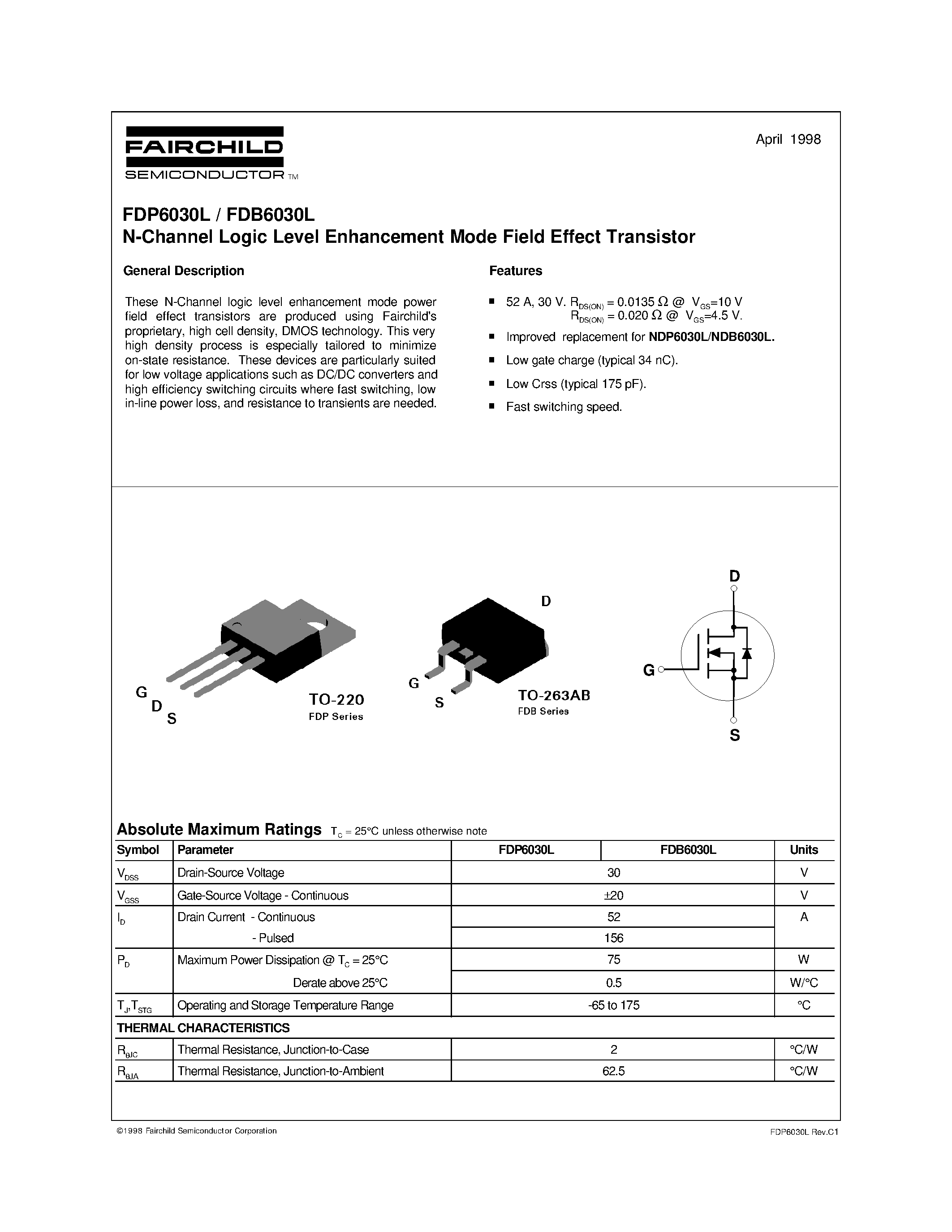 Datasheet FDP6030L - N-Channel Logic Level Enhancement Mode Field Effect Transistor page 1