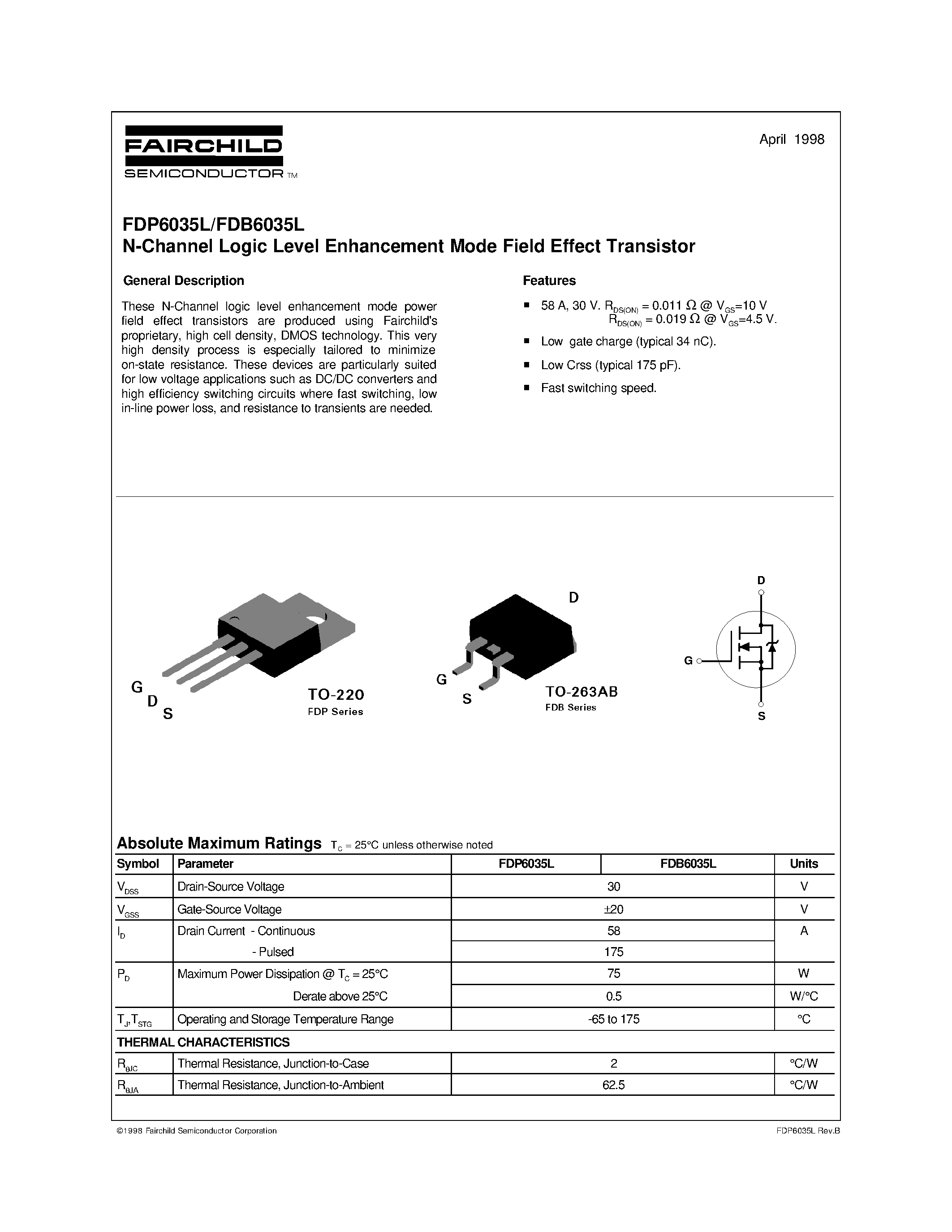 Datasheet FDP6035L - N-Channel Logic Level Enhancement Mode Field Effect Transistor page 1