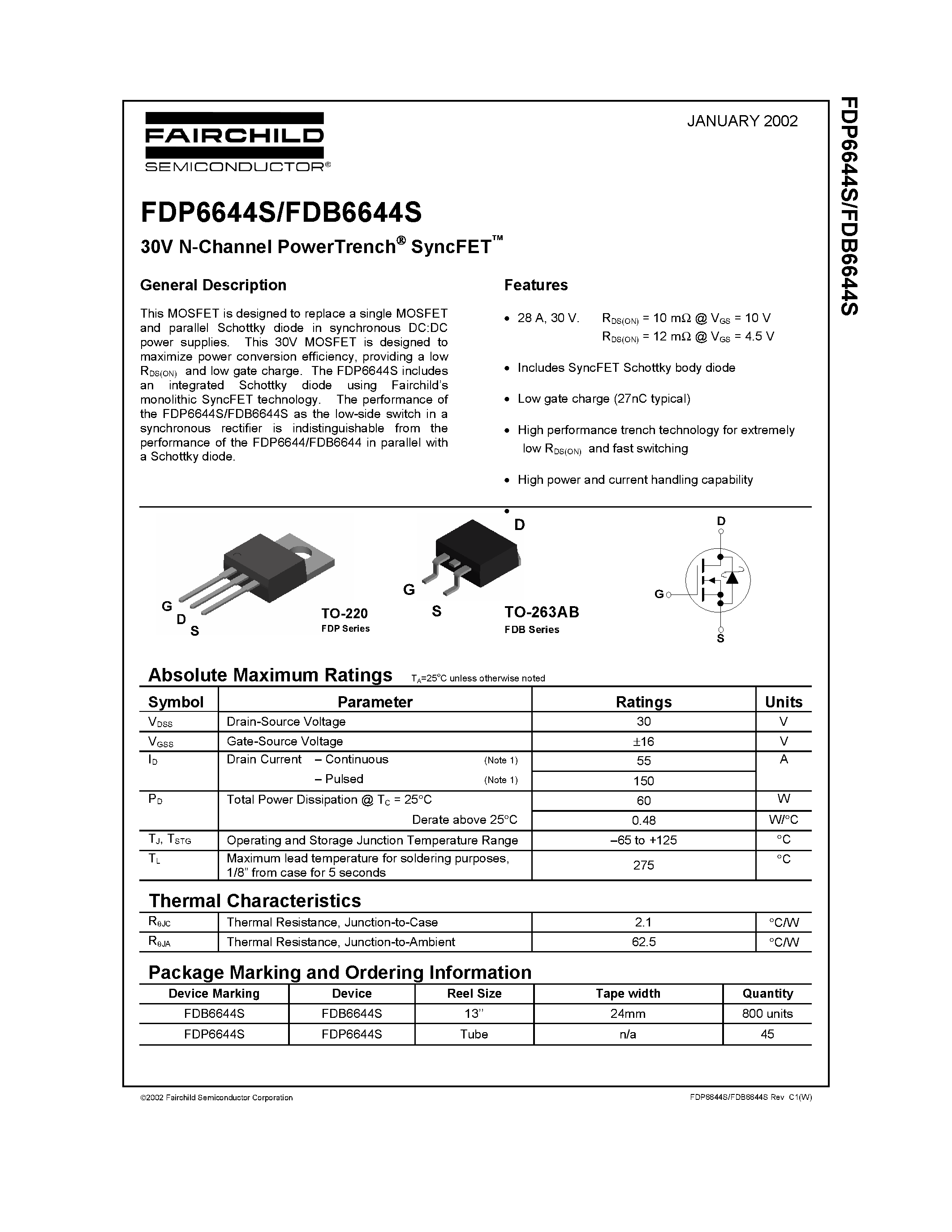 Datasheet FDP6644S - 30V N-Channel PowerTrench SyncFET page 1