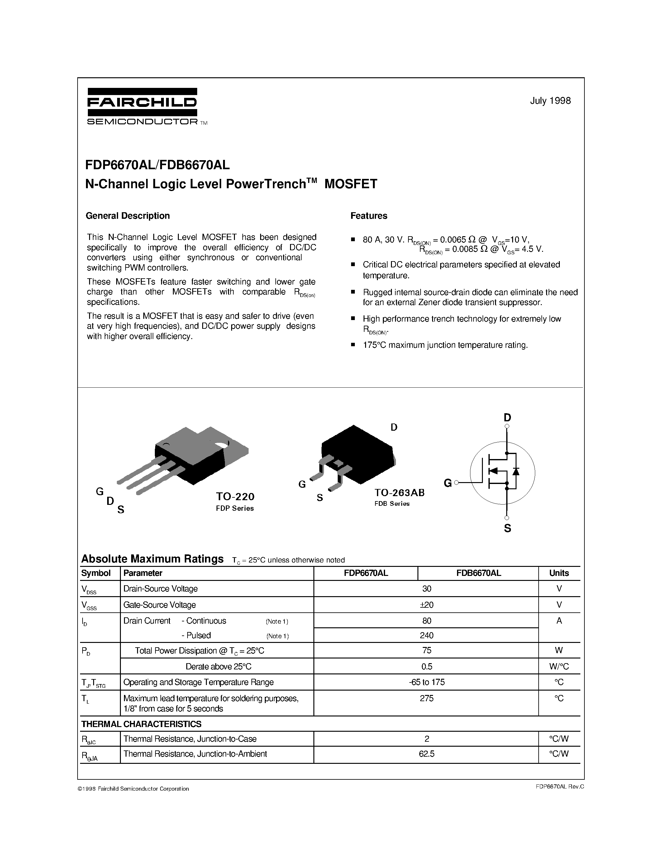 Datasheet FDP6670AL - N-Channel Logic Level PowerTrenchTM MOSFET page 1