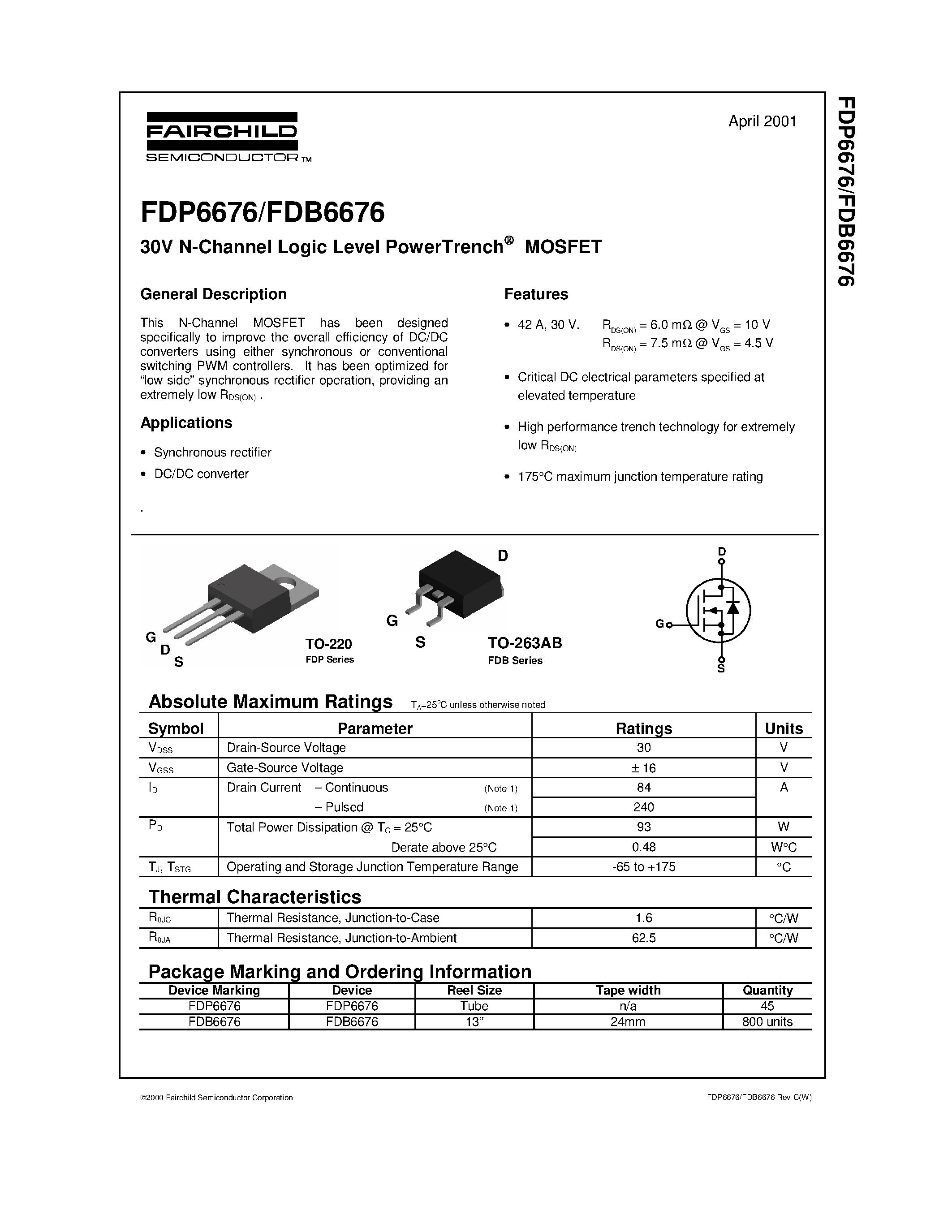 Datasheet FDP6676 - 30V N-Channel Logic Level PowerTrench MOSFET page 1