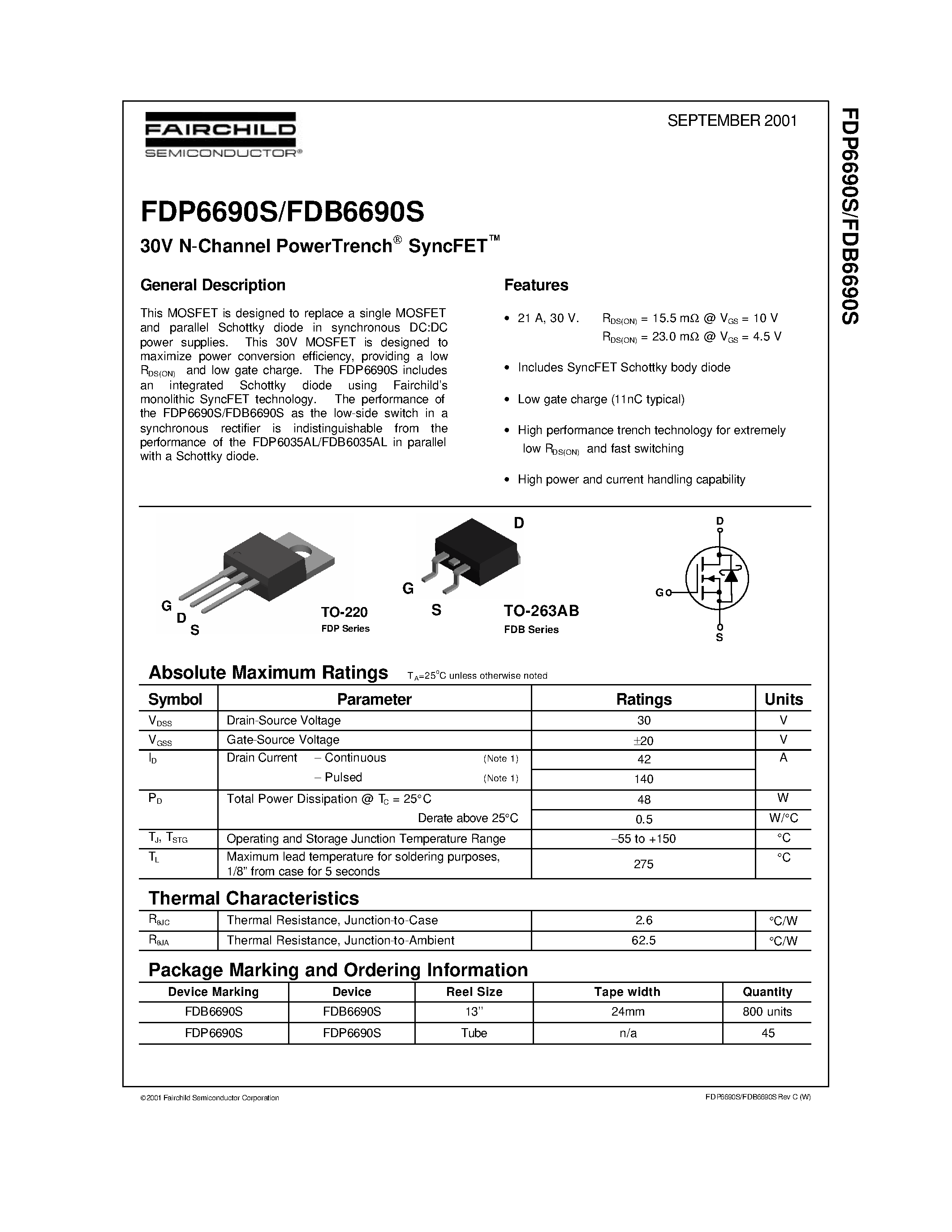 Datasheet FDP6690 - 30V N-Channel PowerTrench SyncFET page 1