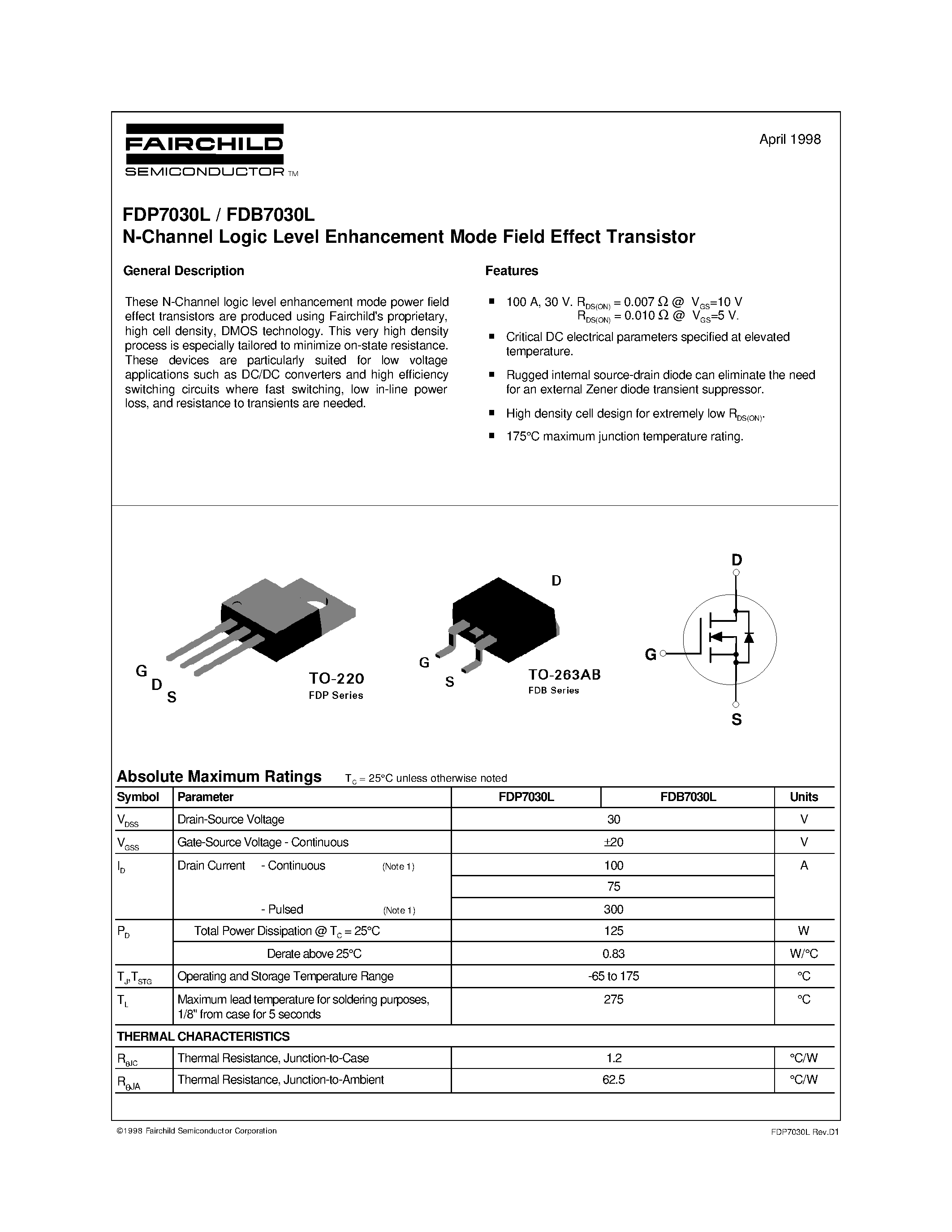 Datasheet FDP7030L - N-Channel Logic Level Enhancement Mode Field Effect Transistor page 1