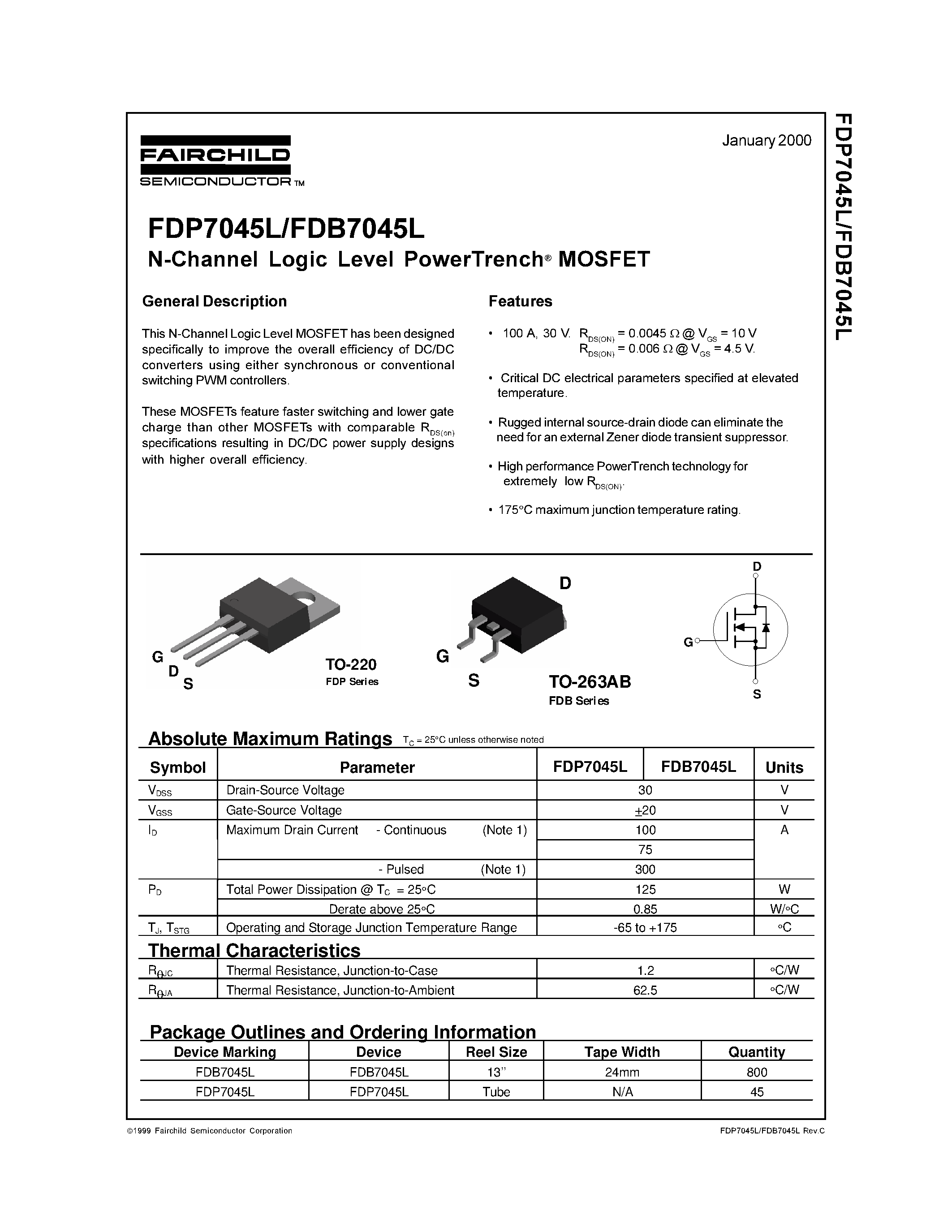 Datasheet FDP7045 - N-Channel Logic Level PowerTrench MOSFET page 1