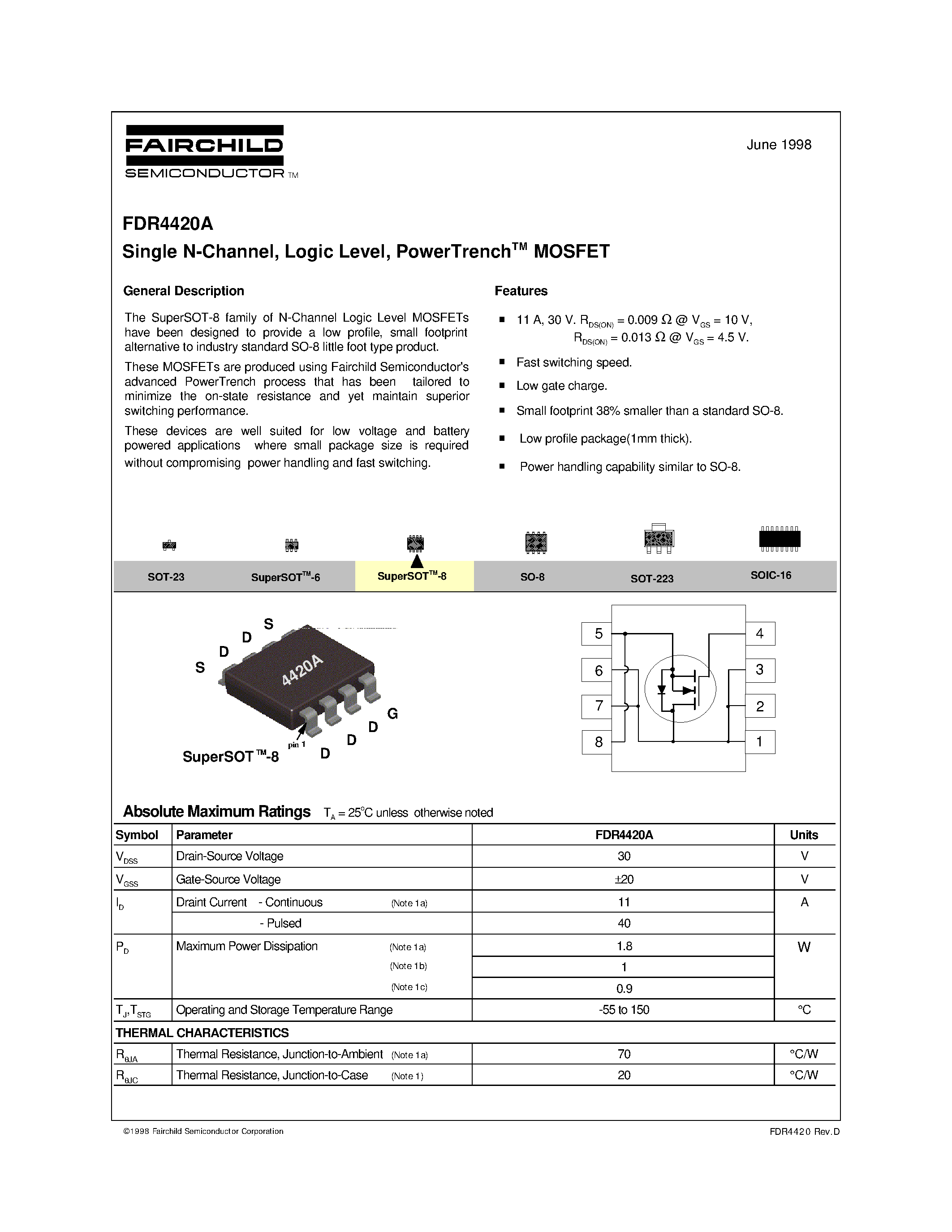 Datasheet FDR4420A - Single N-Channel/ Logic Level/ PowerTrenchTM MOSFET page 1