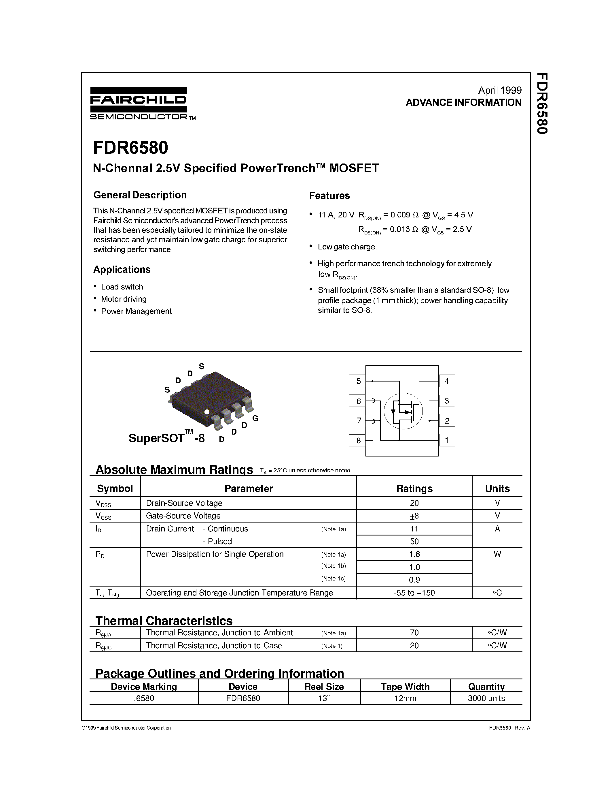 Datasheet FDR6580 - N-Chennal 2.5V Specified PowerTrench MOSFET page 1