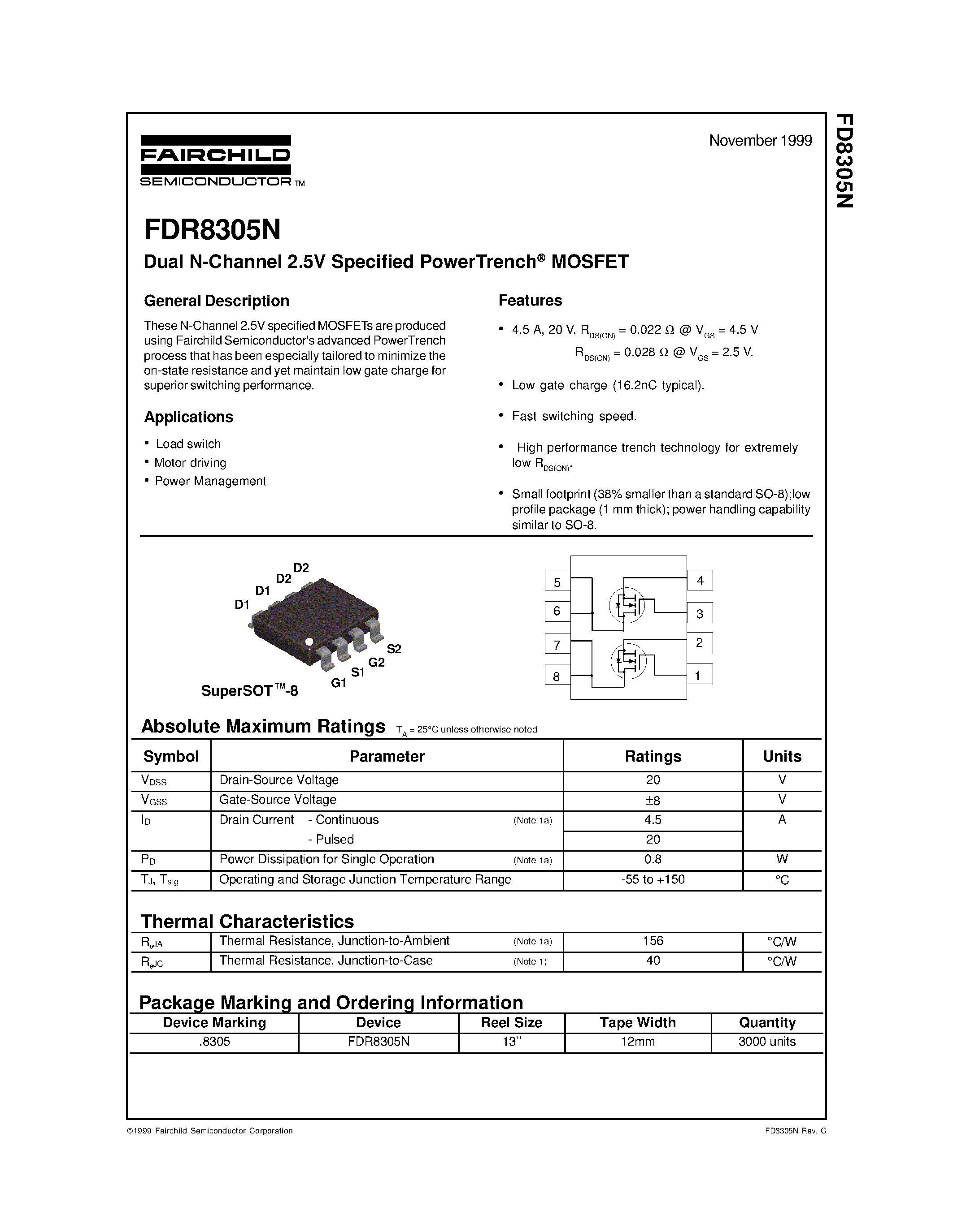 Datasheet FDR8305N - Dual N-Channel 2.5V Specified PowerTrench MOSFET page 1