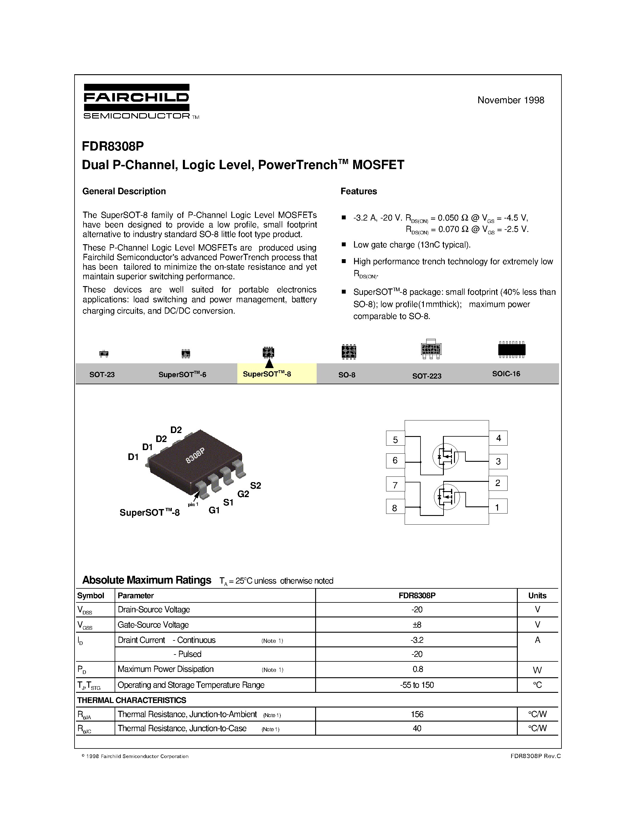 Datasheet FDR8308P page 1 Datasheet FDR8308P - Dual P-Channel/ Logic Level/ PowerTrenchTM MOSFET page 1