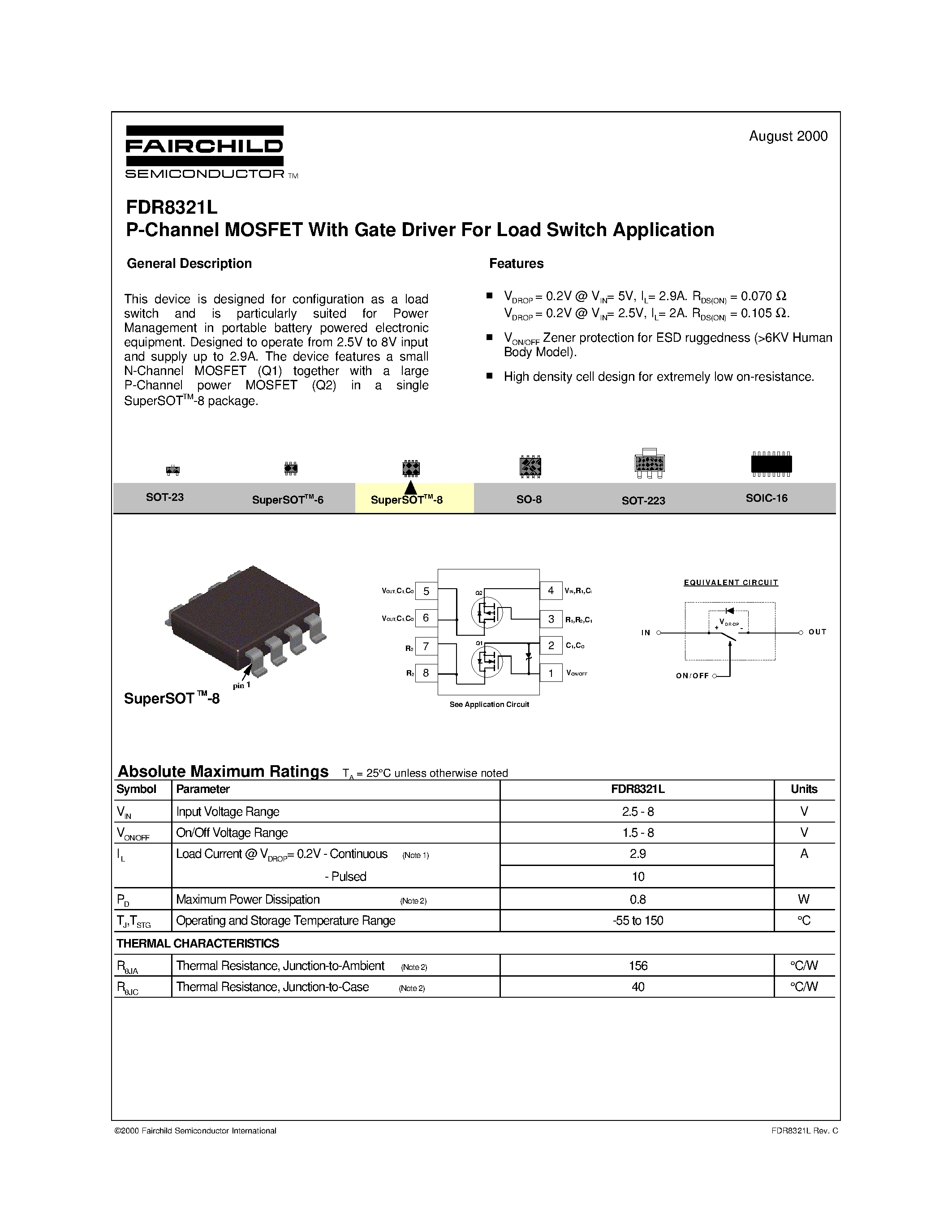 Datasheet FDR8321L - P-Channel MOSFET With Gate Driver For Load Switch Application page 1