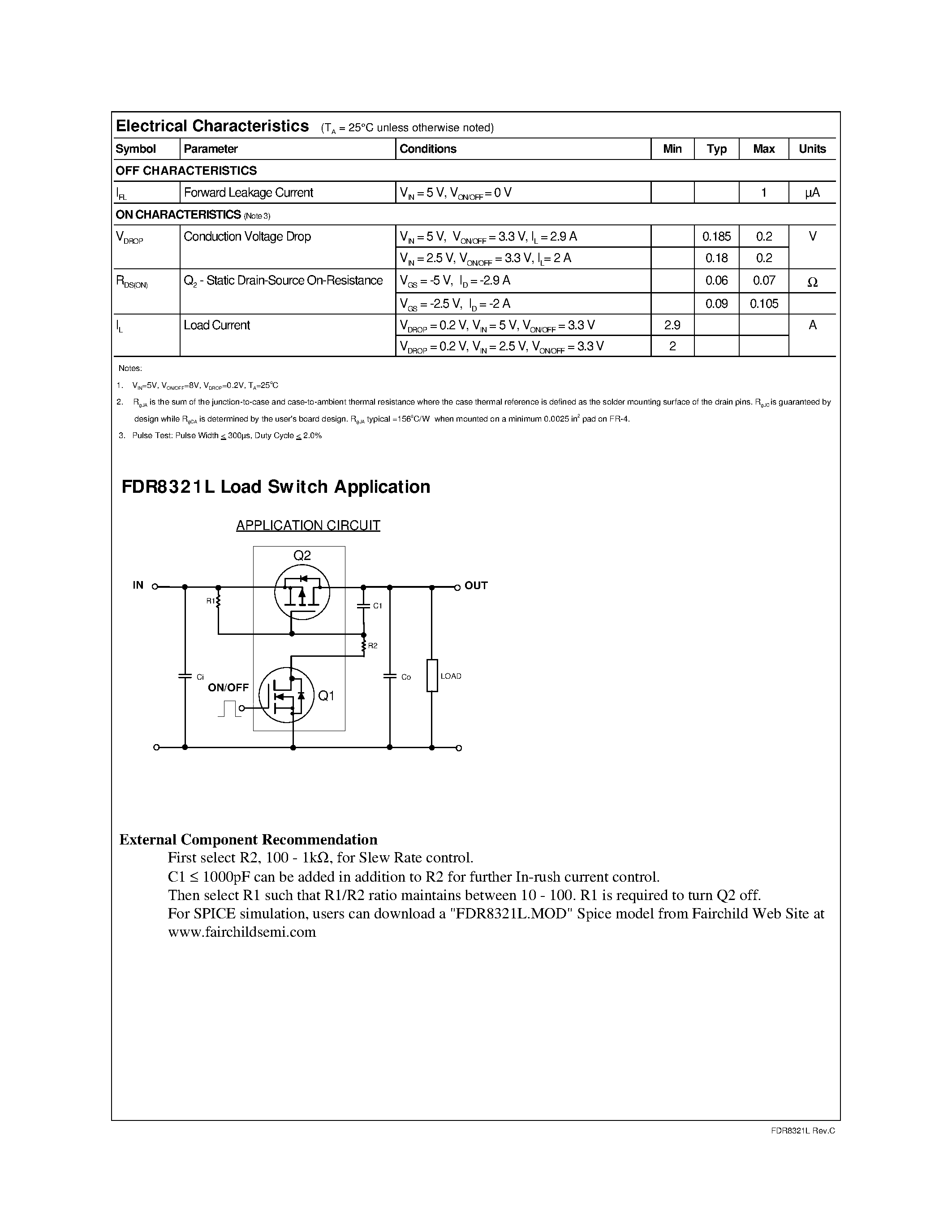 Datasheet FDR8321L - P-Channel MOSFET With Gate Driver For Load Switch Application page 2