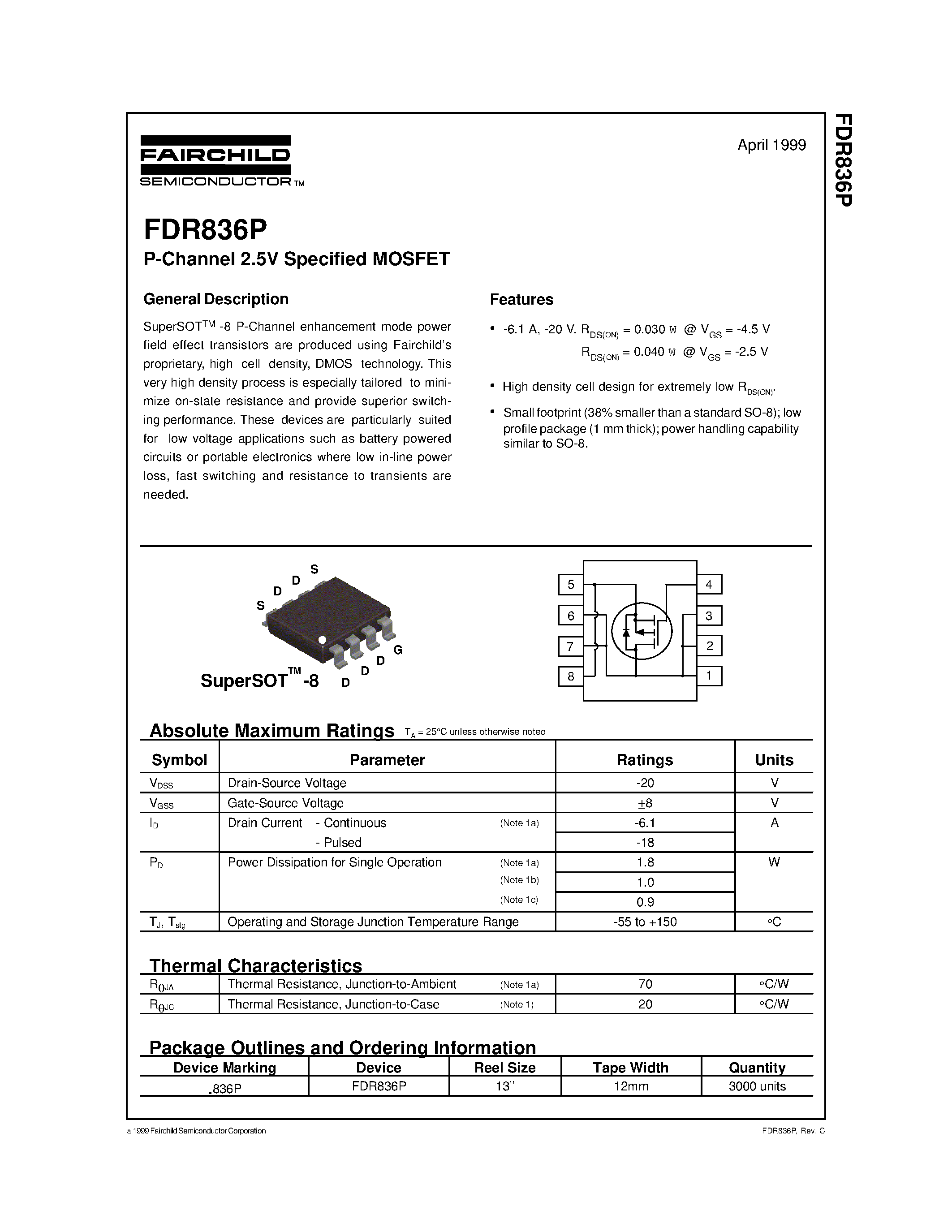 Datasheet FDR836P page 1 Datasheet FDR836P - P-Channel 2.5V Specified MOSFET page 1