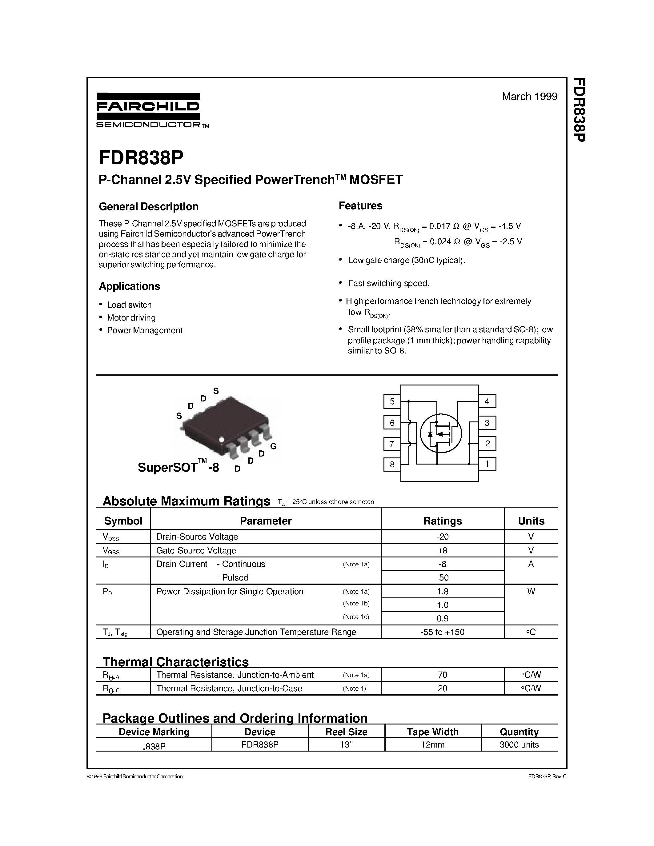 Datasheet FDR838P - P-Channel 2.5V Specified PowerTrenchTM MOSFET page 1