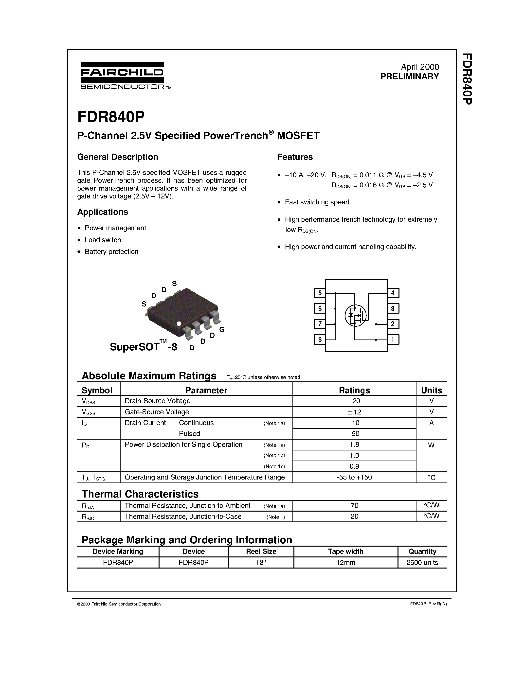 Datasheet FDR840 - P-Channel 2.5V Specified PowerTrench MOSFET page 1