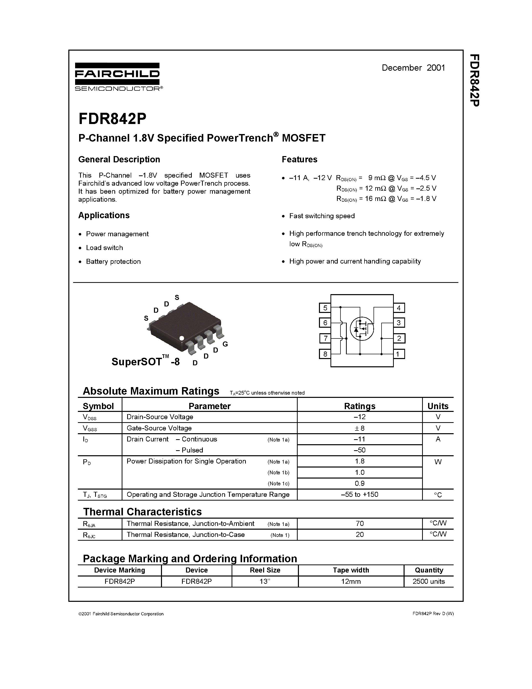 Datasheet FDR842P - P-Channel 1.8V Specified PowerTrench MOSFET page 1