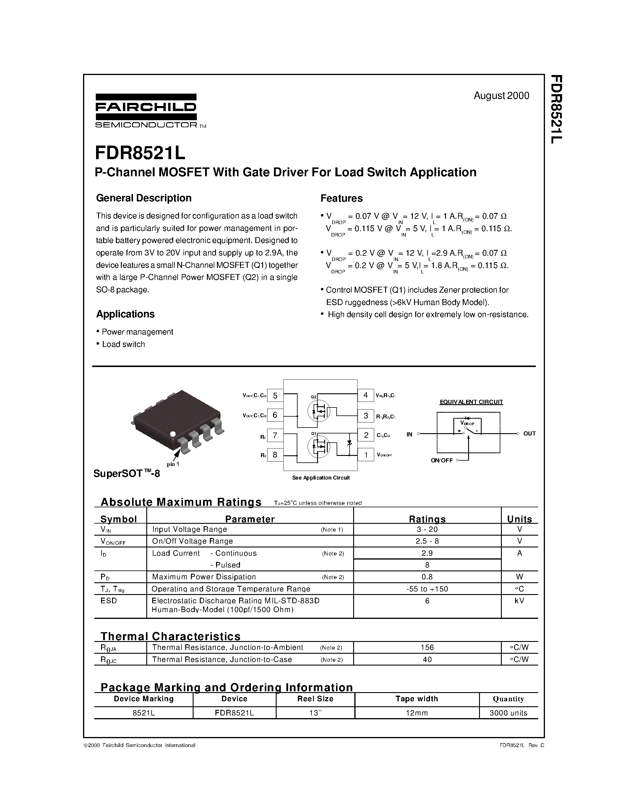 Datasheet FDR8521L page 1 Datasheet FDR8521L - P-Channel MOSFET With Gate Driver For Load Switch Application page 1
