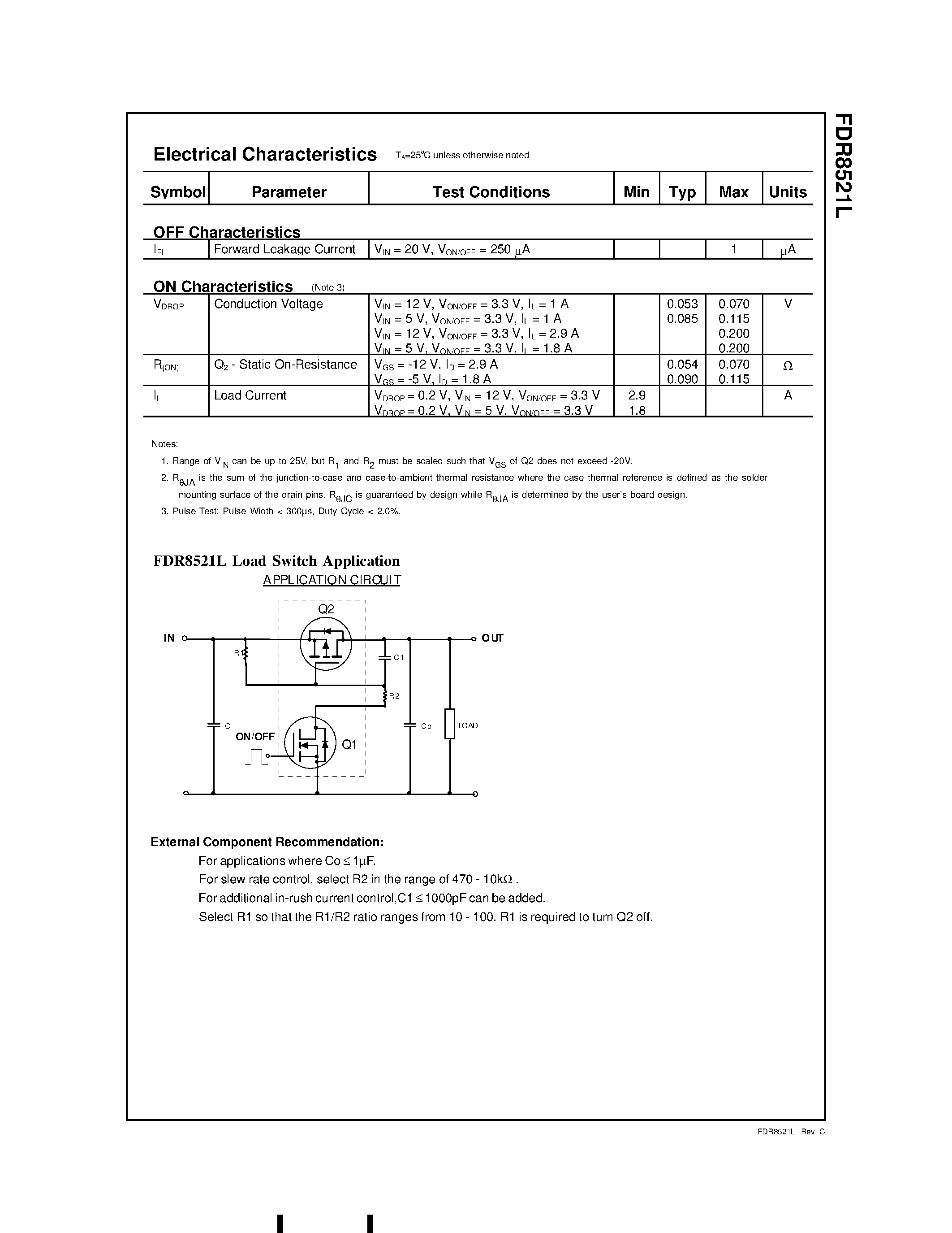 Datasheet FDR8521L page 2 Datasheet FDR8521L - P-Channel MOSFET With Gate Driver For Load Switch Application page 2