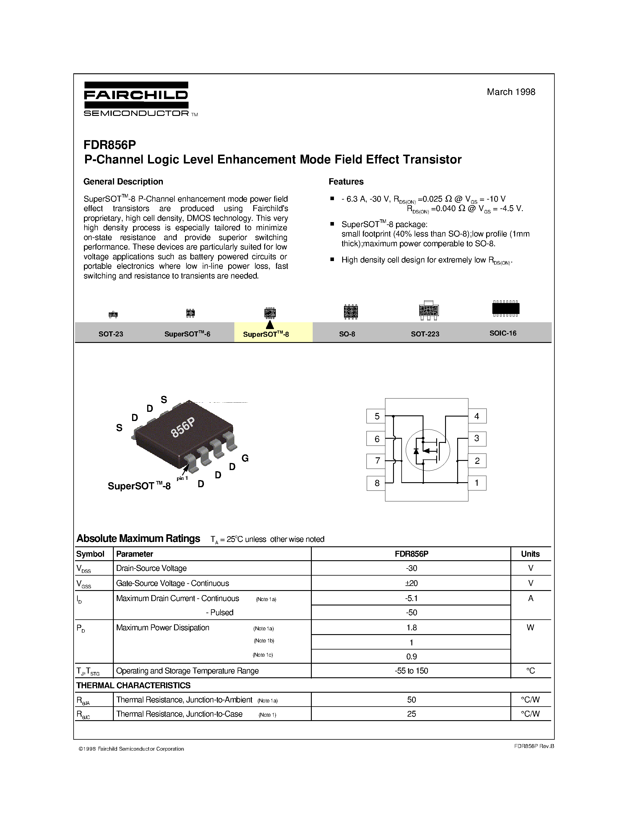 Datasheet FDR856P - P-Channel Logic Level Enhancement Mode Field Effect Transistor page 1