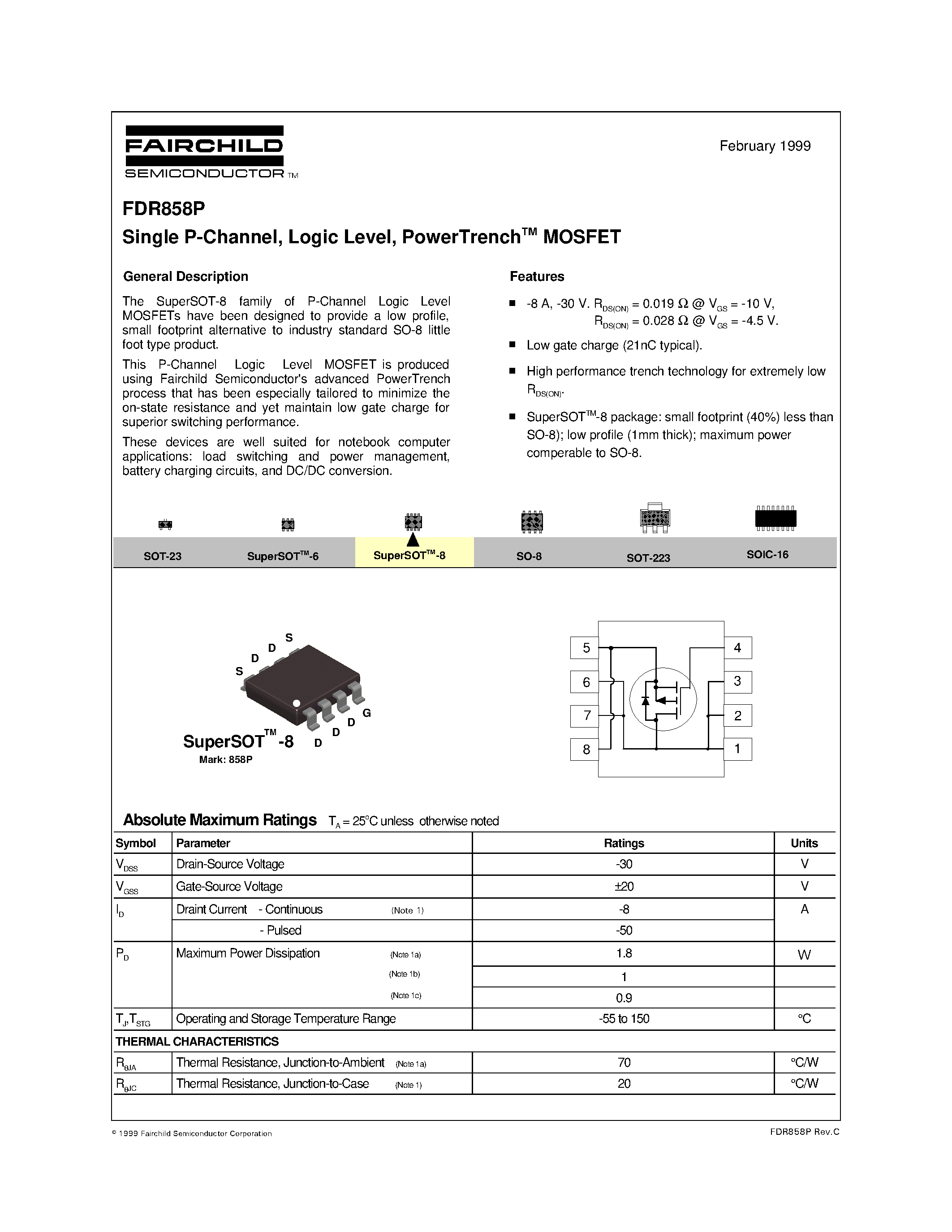 Datasheet FDR858P page 1 Datasheet FDR858P - Single P-Channel/ Logic Level/ PowerTrenchTM MOSFET page 1
