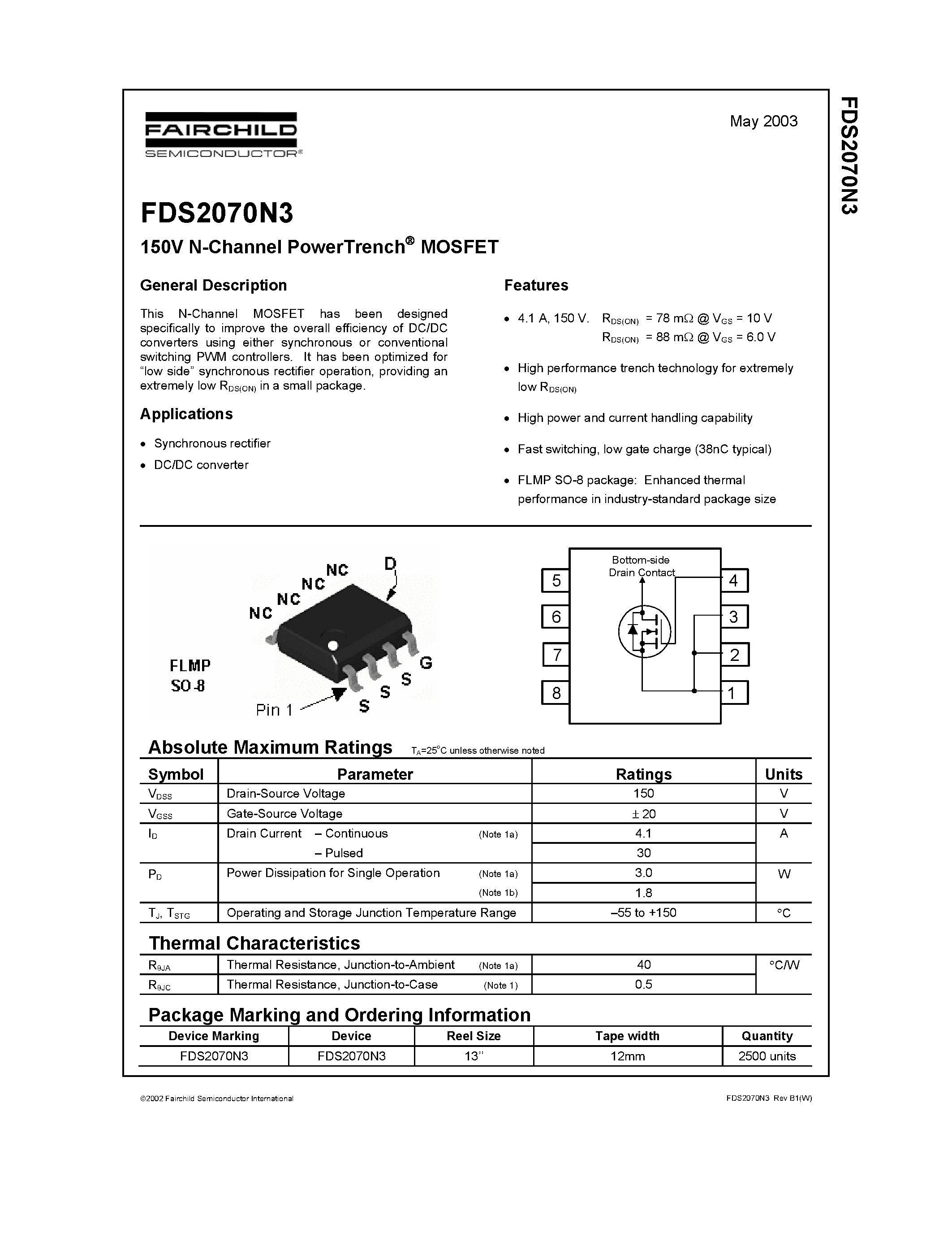 Datasheet FDS2070N3 page 1 Datasheet FDS2070N3 - 150V N-Channel PowerTrench MOSFET page 1