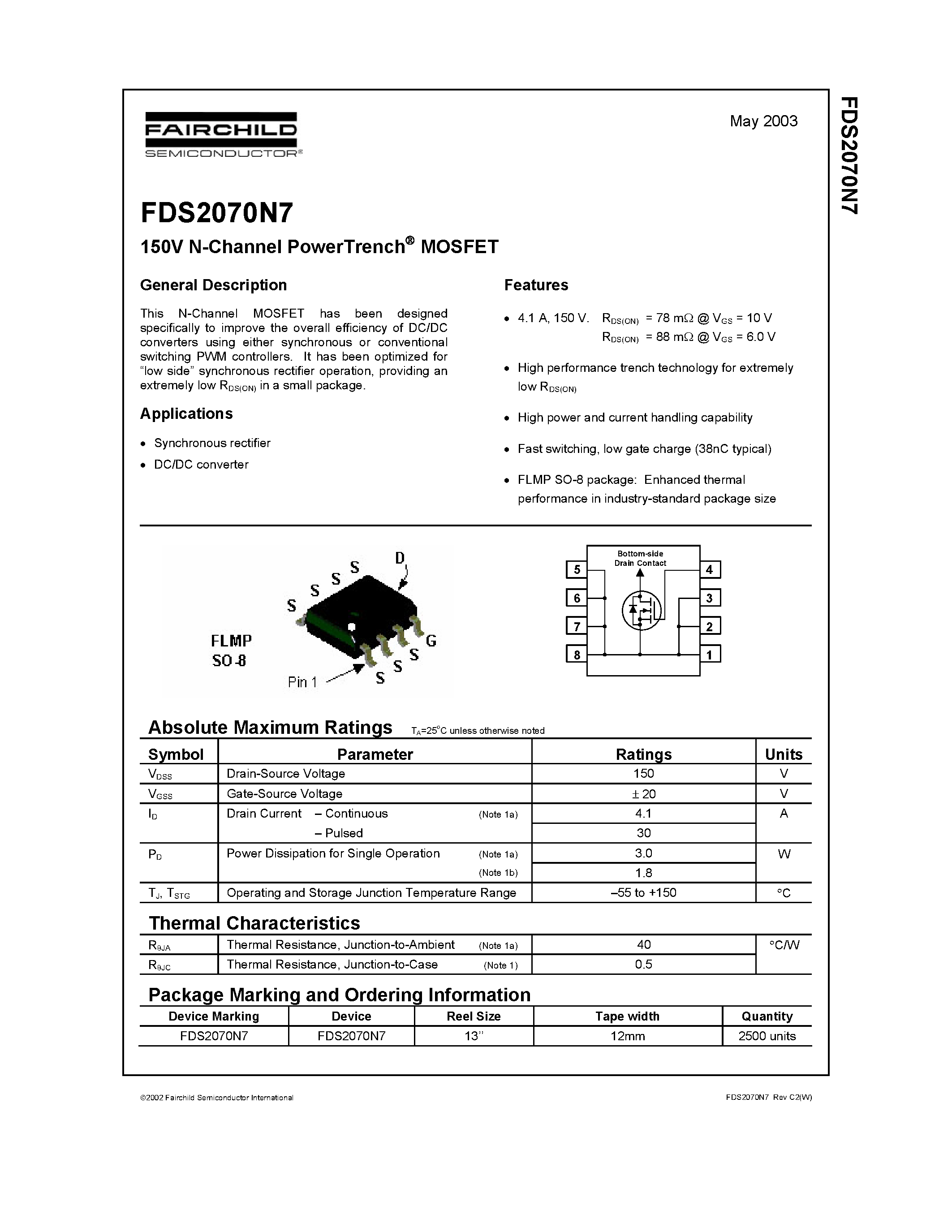 Datasheet FDS2070N7 page 1 Datasheet FDS2070N7 - 150V N-Channel PowerTrench MOSFET page 1