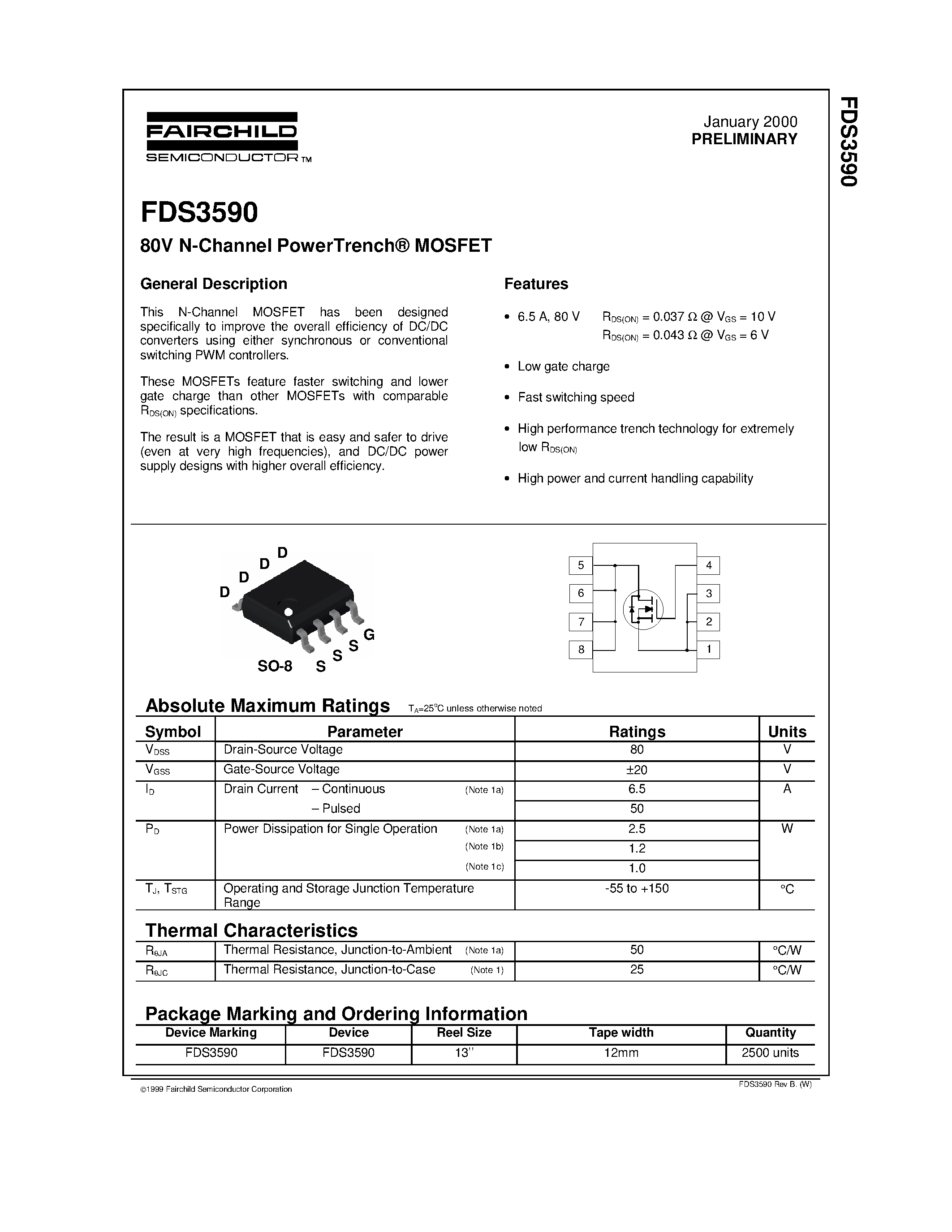 Datasheet FDS3590 page 1 Datasheet FDS3590 - 80V N-Channel PowerTrench MOSFET page 1